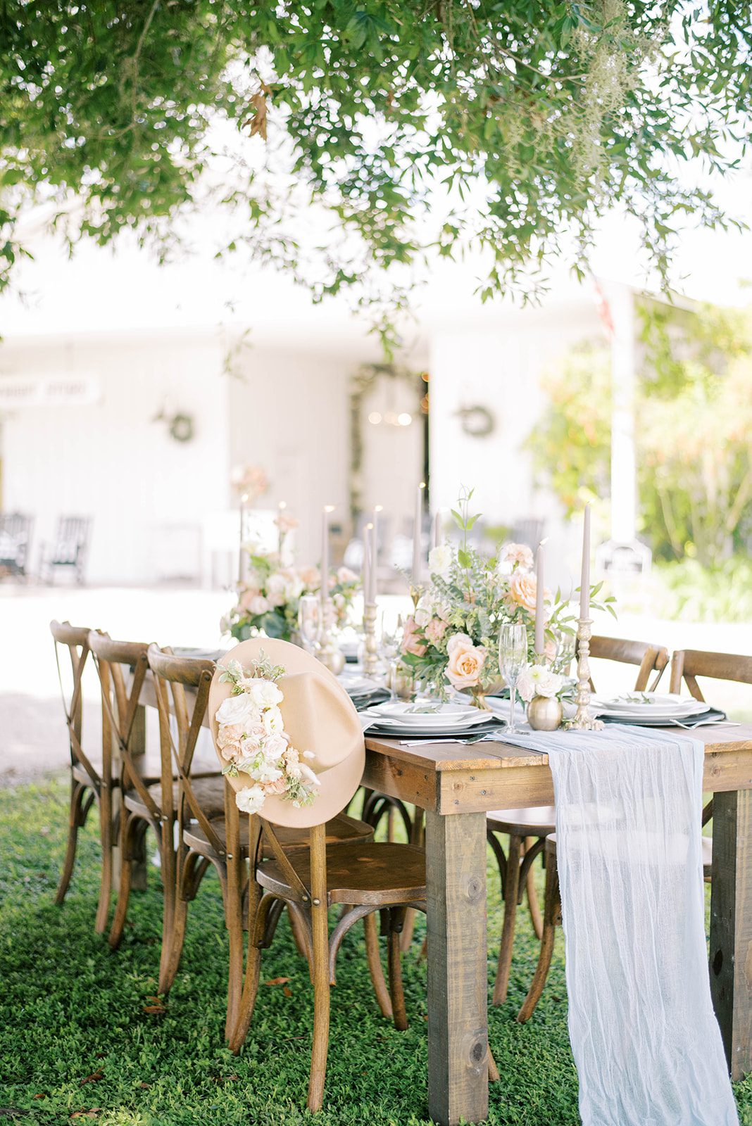 2022 wedding trends of natural rentals at Southern Grace Venue in Florida with table and chair set up for an intimate reception space
