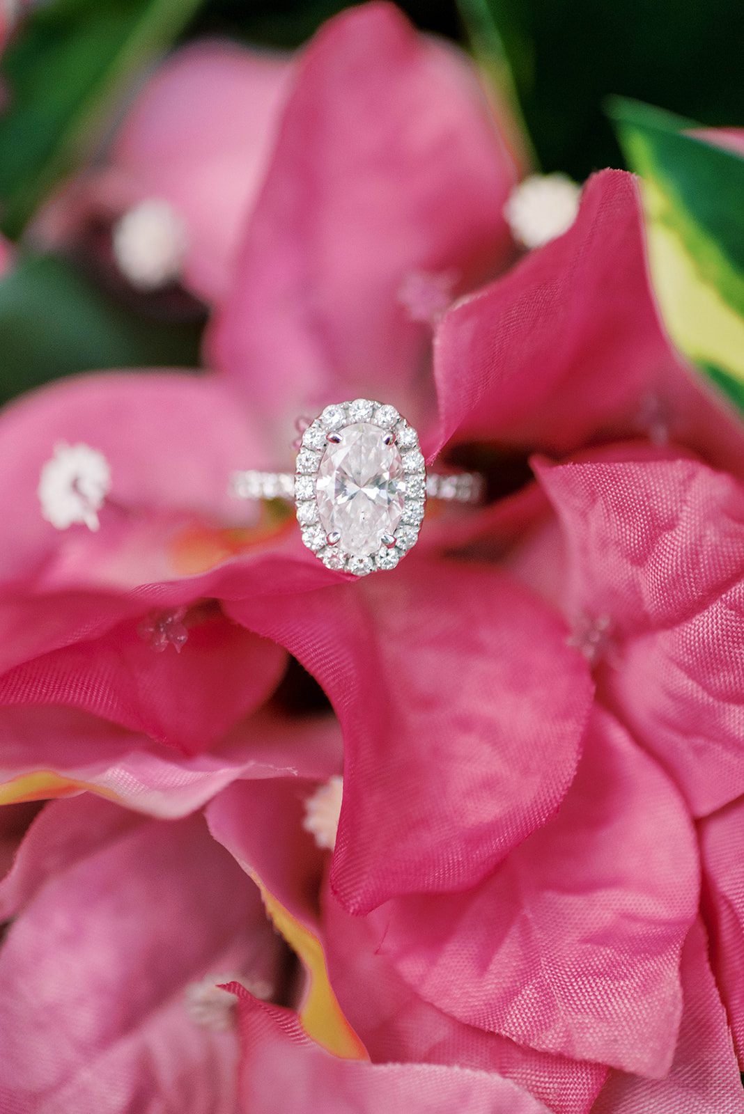 Top Reasons To Hire A Wedding Planner with gorgeous wedding ring with a large diamond surrounded by many small diamond sits on a bright pink flower
