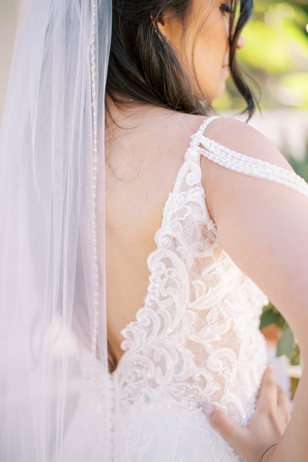 detail shot of the back of Tampa Bay brides wedding dress with the lace of the gown and the long veil being the subject of the image