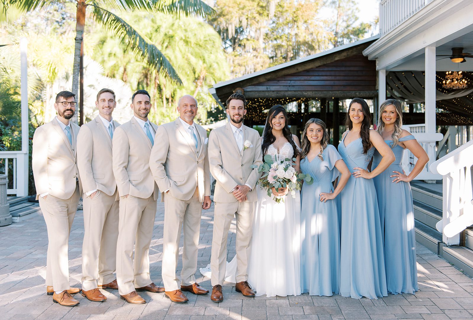 bridal party at a St. Petersburg wedding venue smiling and posing for an outdoor wedding in FLorida, Wedding Vendors Search Etiquette