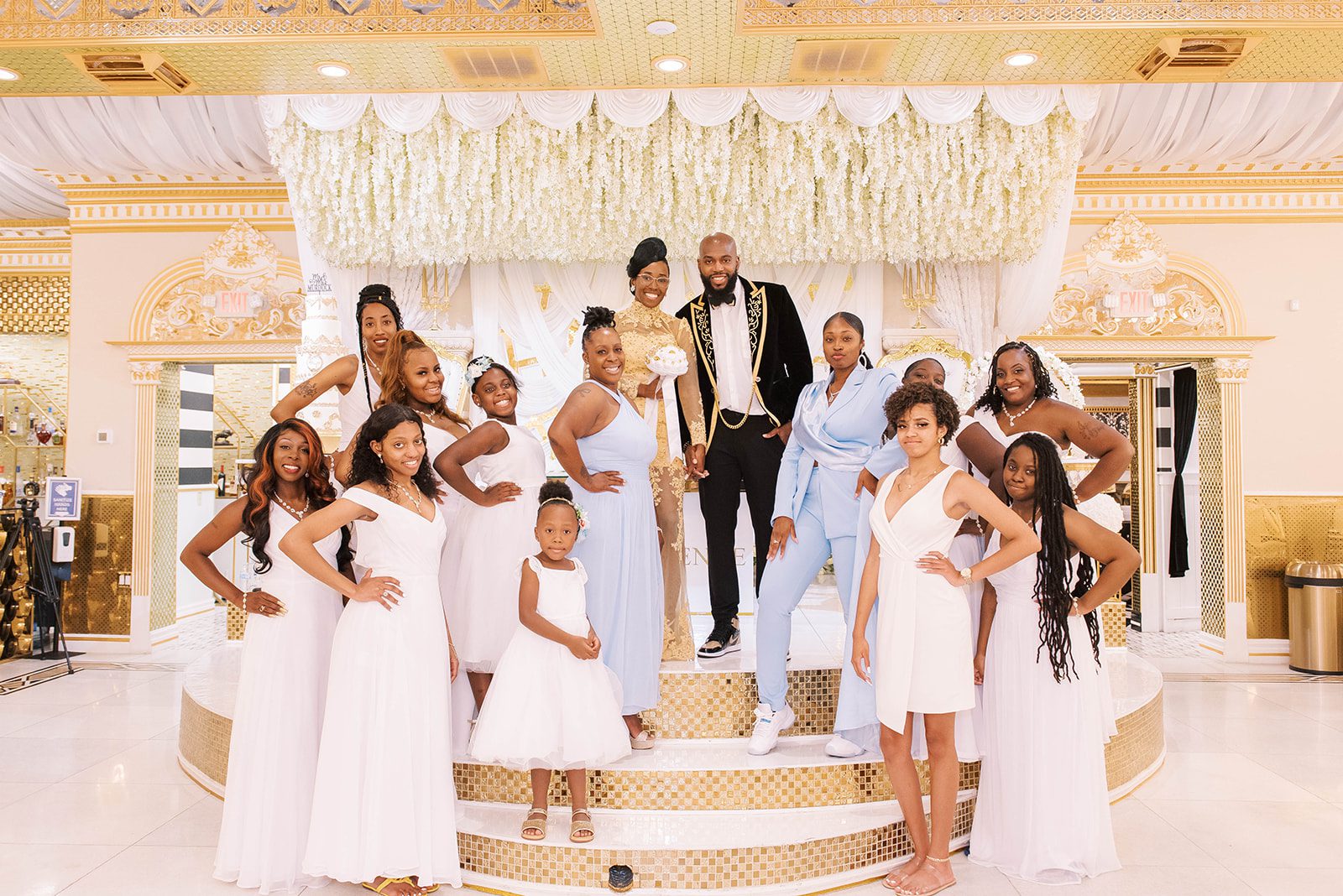 bridal party at the golden palace at the Chic Venue in Tampa Florida with the color palette gold white and light blue