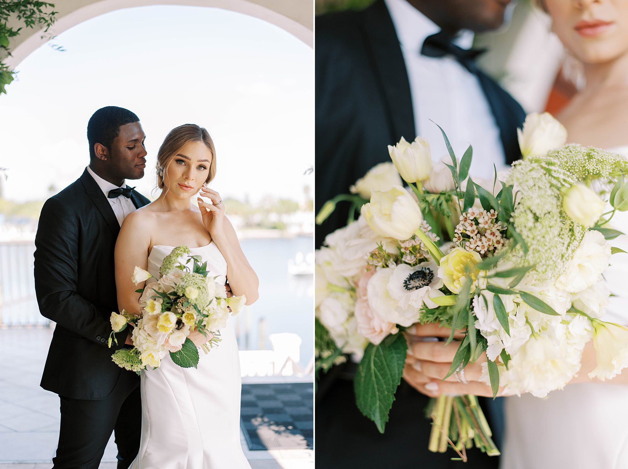 bride and groom pose together during waterfront ceremony