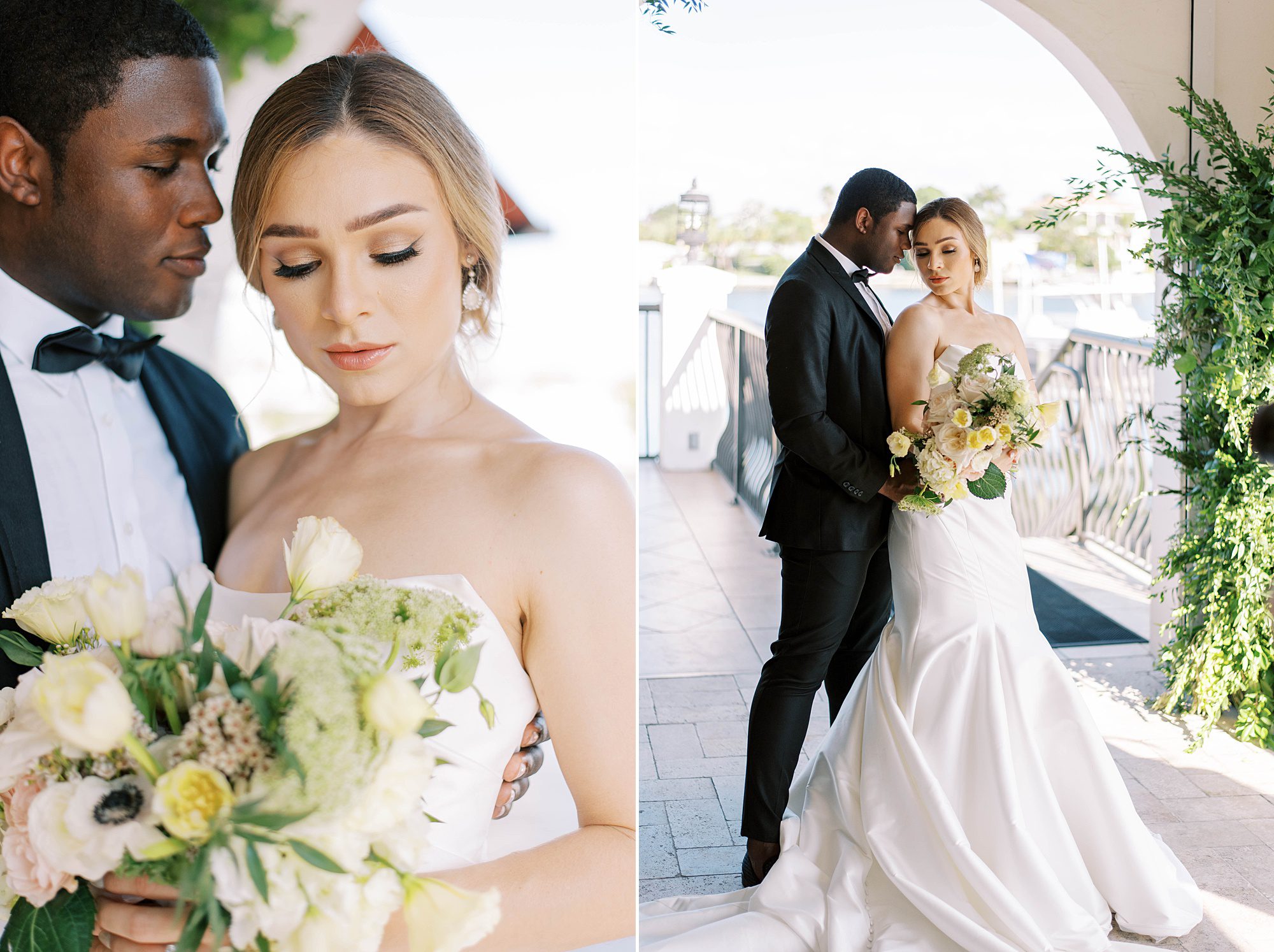 newlyweds stand together in front of St. Pete Beach at Hotel Zamora