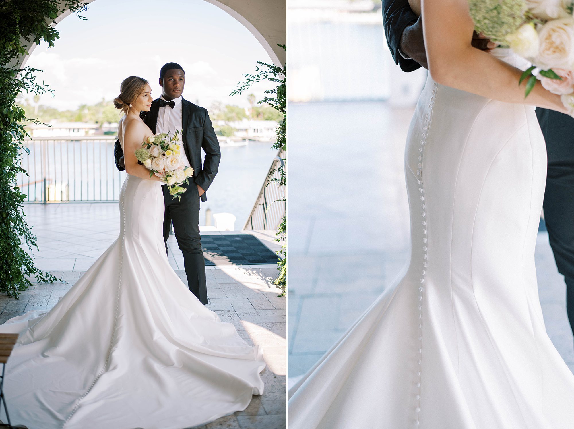 sleek wedding gown for bride's beach wedding day
