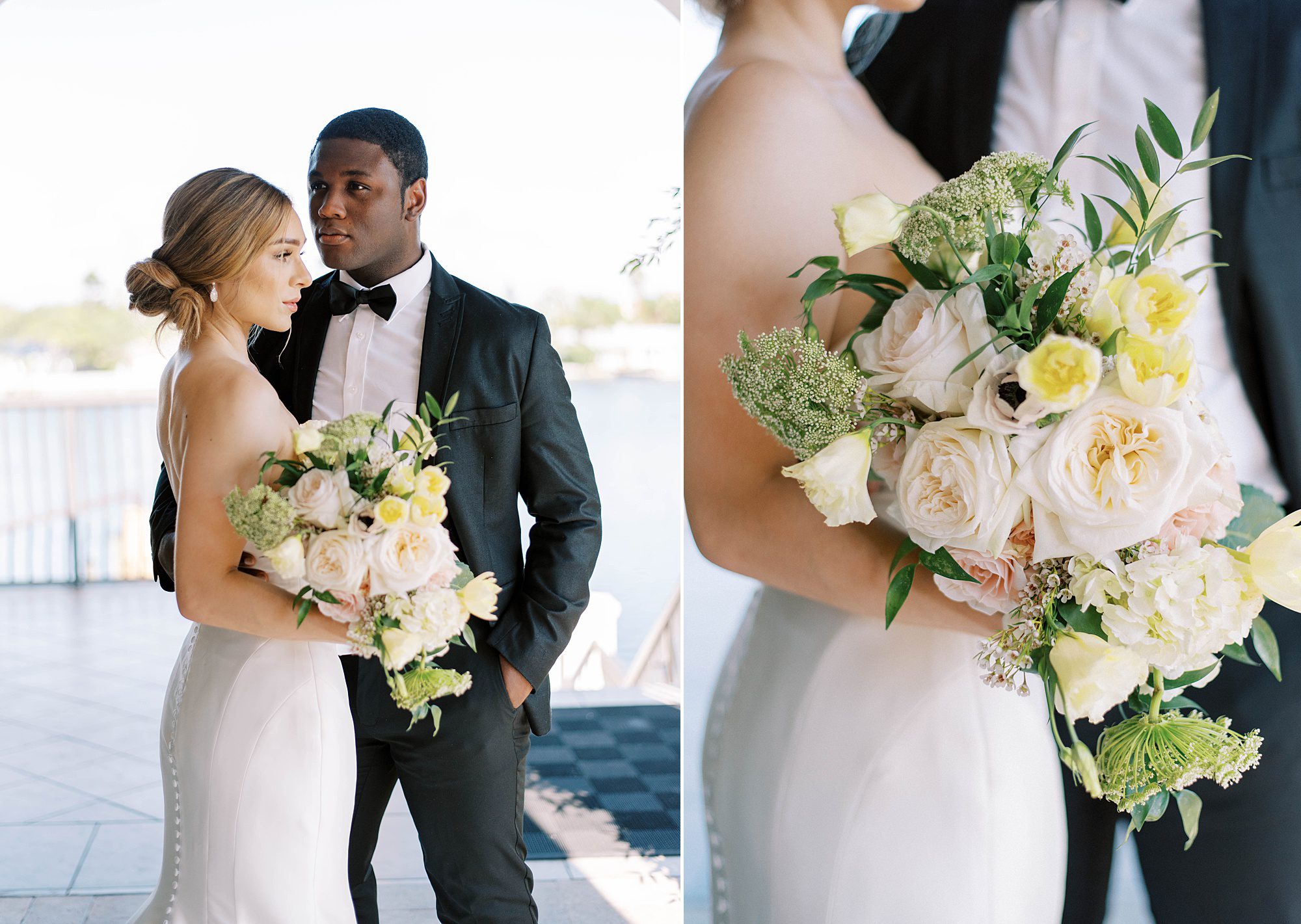 bride holds bouquet of white flowers with groom in St. Pete Beach