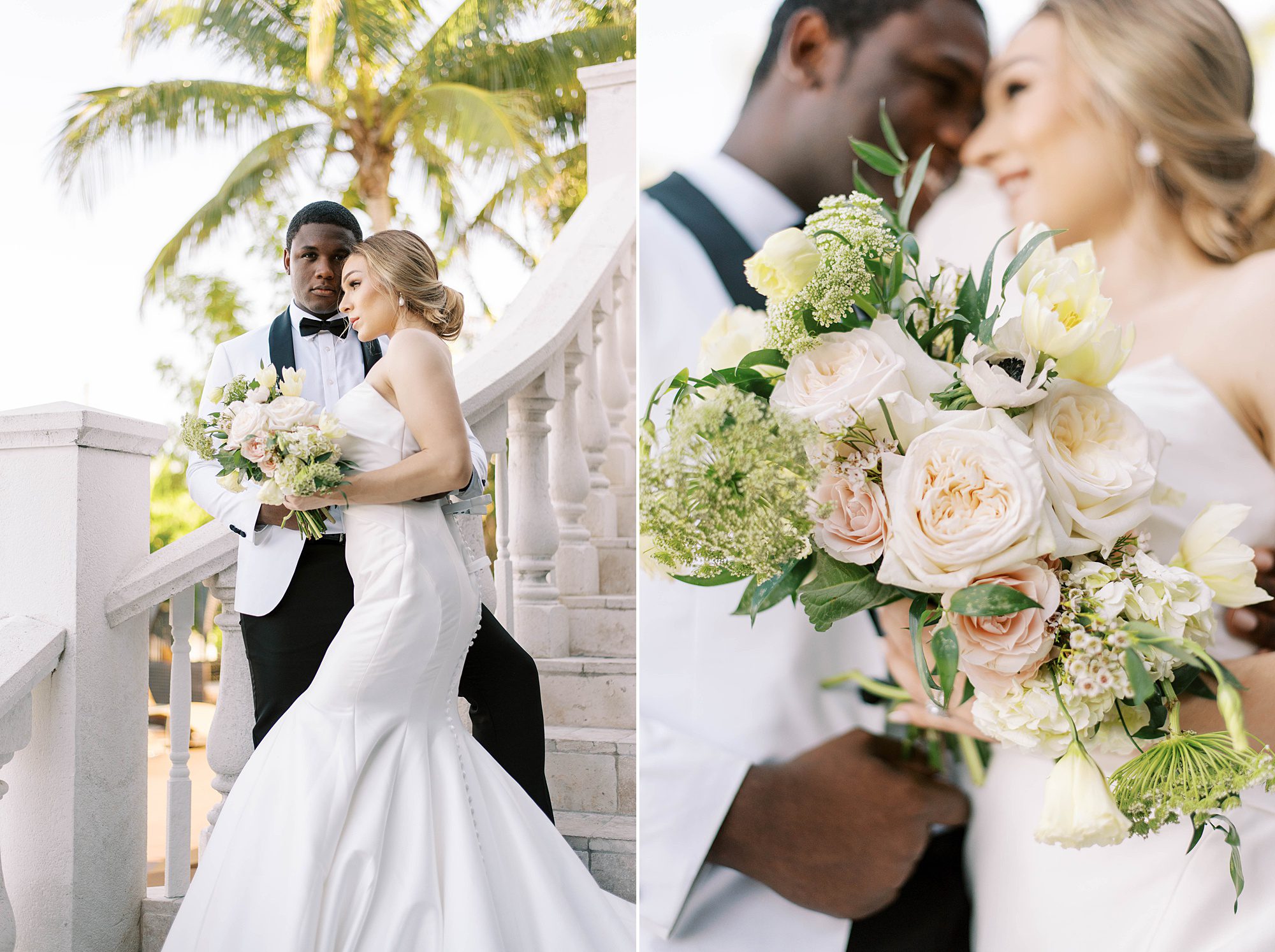 bride and groom hug on steps at Hotel Zamora by palm tree