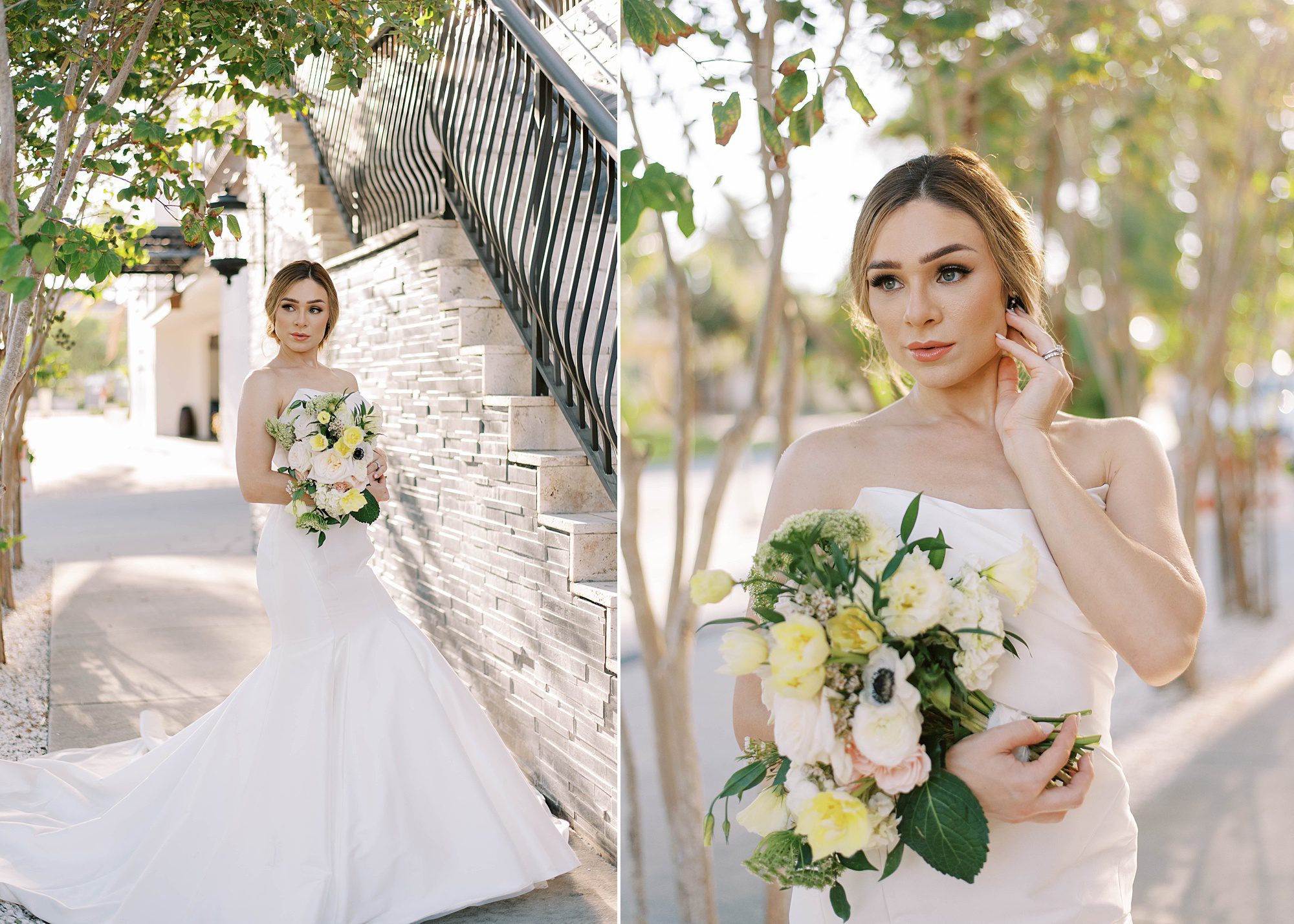 bridal portraits on steps of Hotel Zamora for bride with modern wedding gown