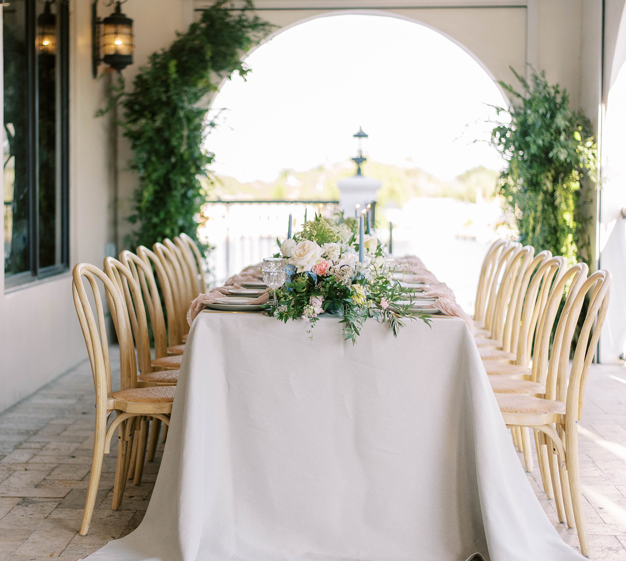 table for reception at Hotel Zamora wedding with long green table runner