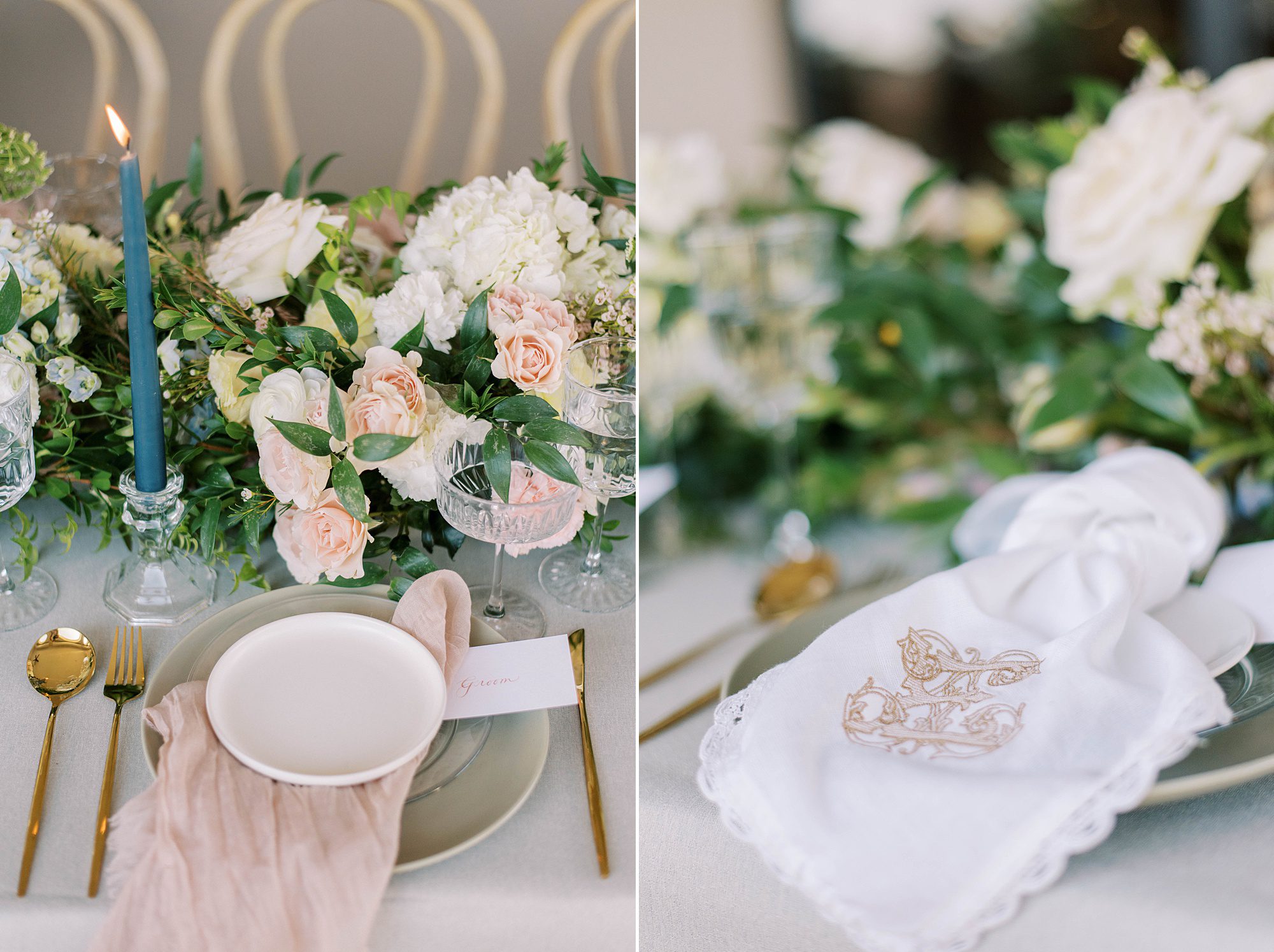 wedding reception place settings with blush napkins at Hotel Zamora wedding