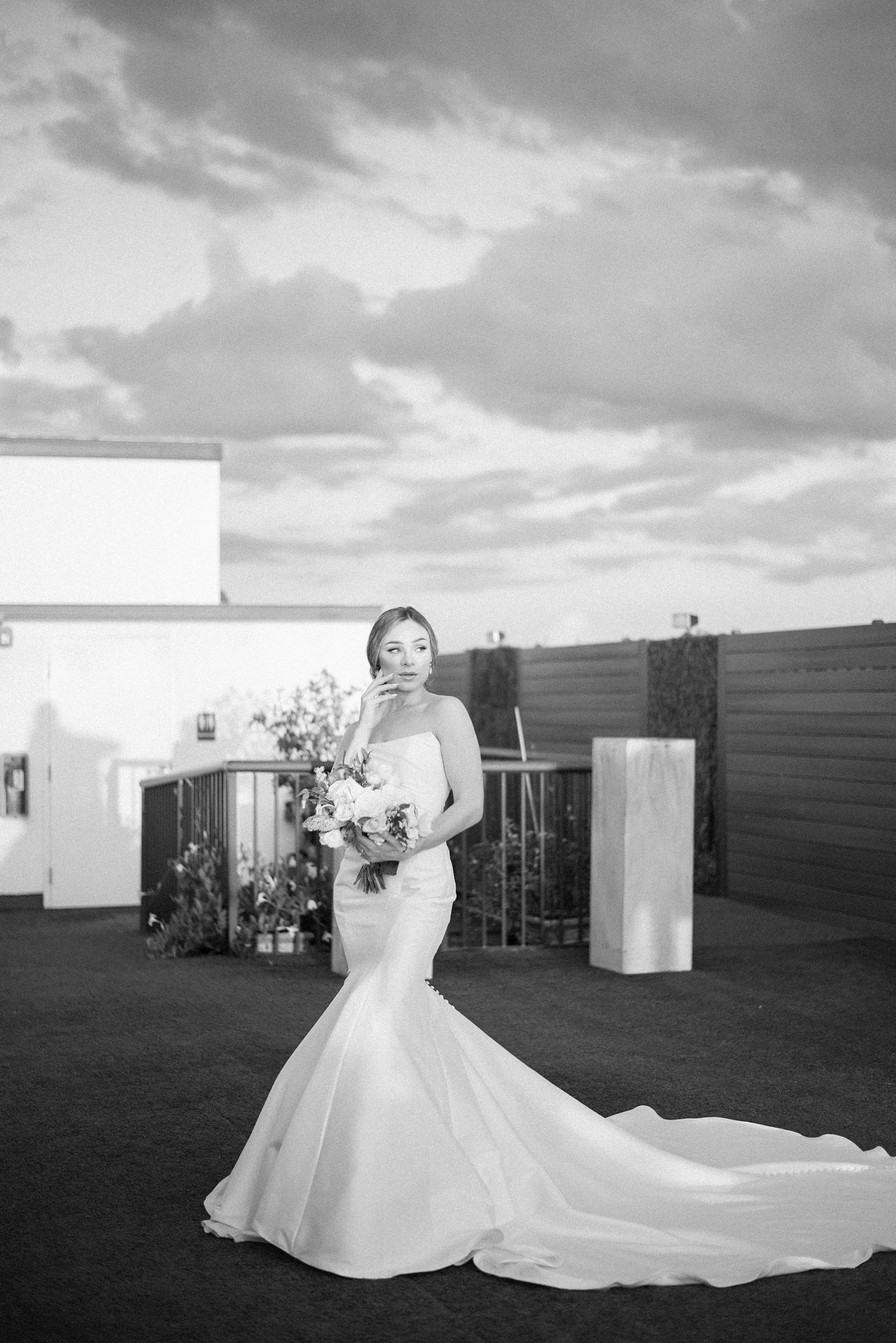 black and white bridal portrait on rooftop of Hotel Zamora