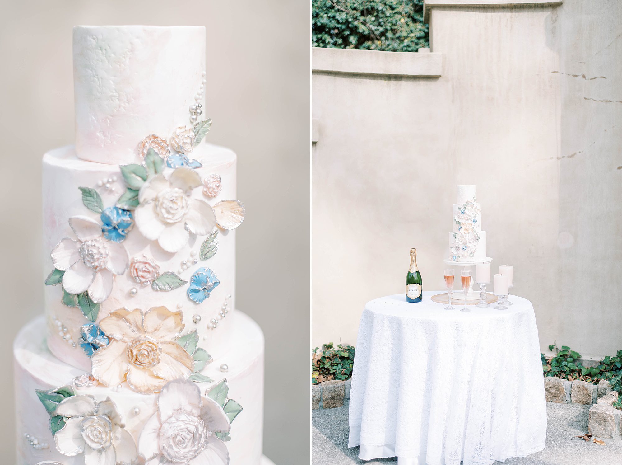 tiered wedding cake with pastel details at Swan House Atlanta