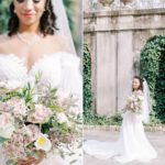 bride poses in off-the-shoulder gown