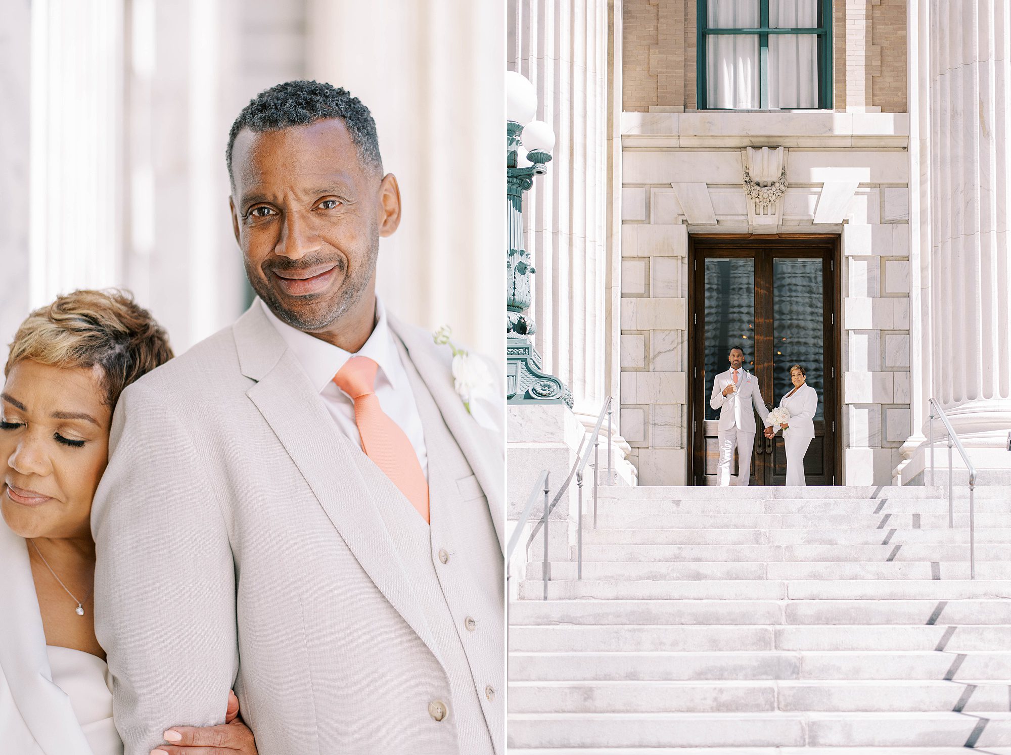bride leans against groom's back during Downtown Tampa wedding portraits at courthouse