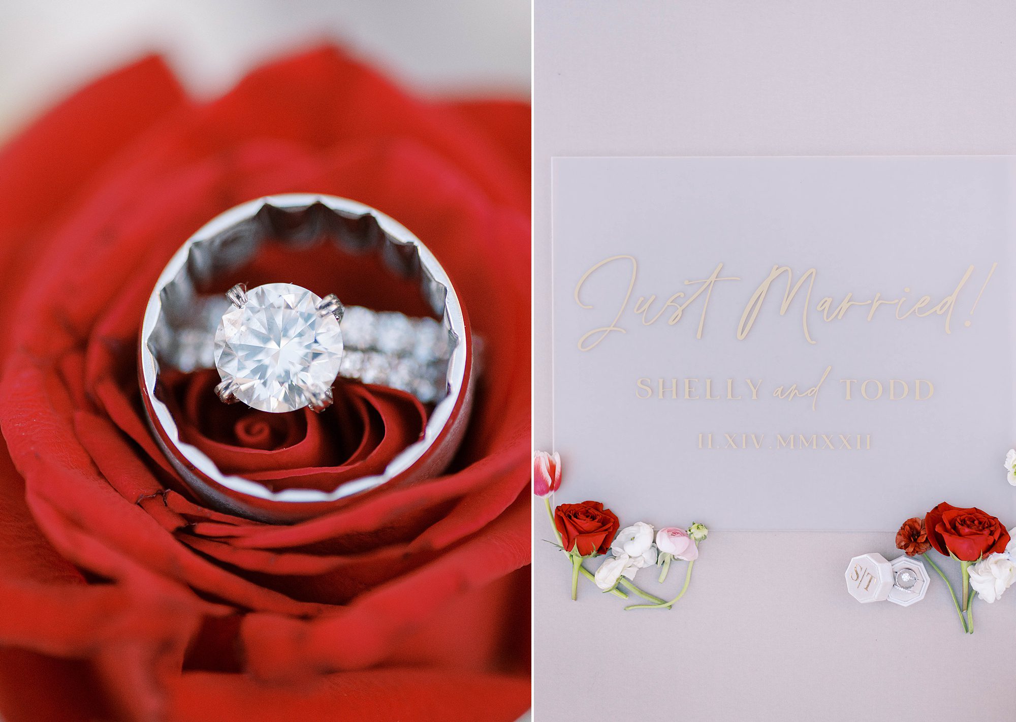 wedding ring rests on red rose before Downtown Tampa wedding