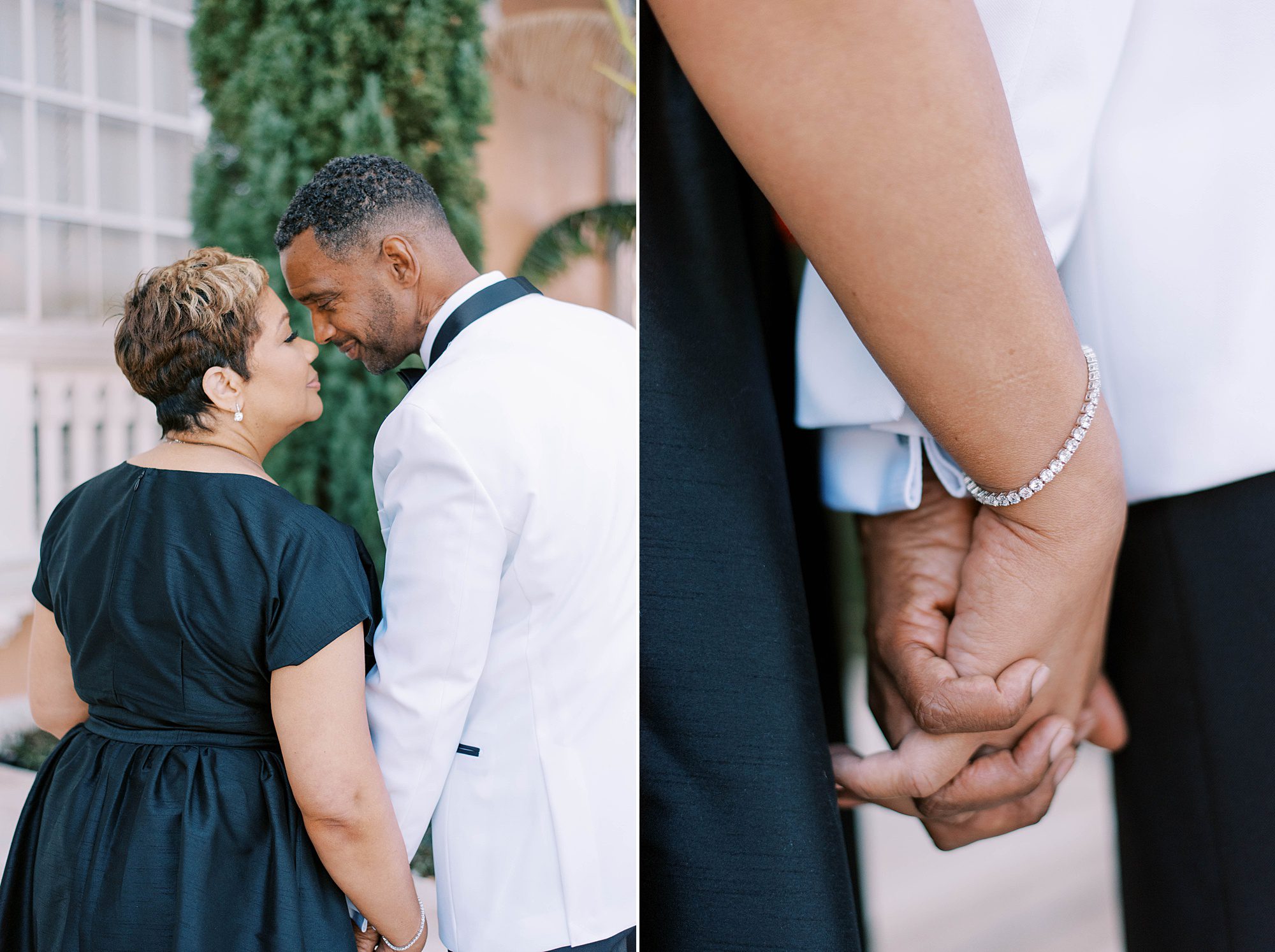 bride and groom hold hands during portraits outside Le Meridien Hotel