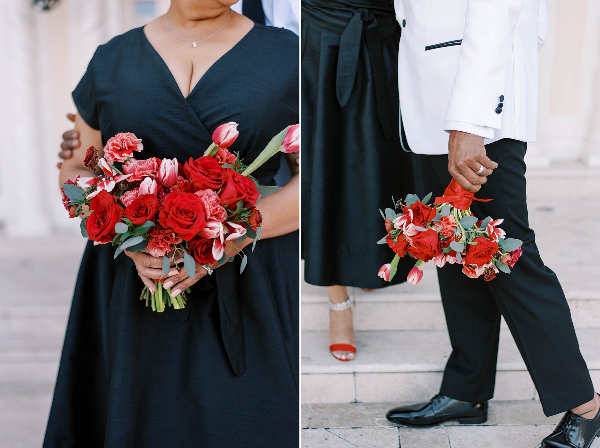 bride holds bouquet of red flowers against black dress after Downtown Tampa wedding