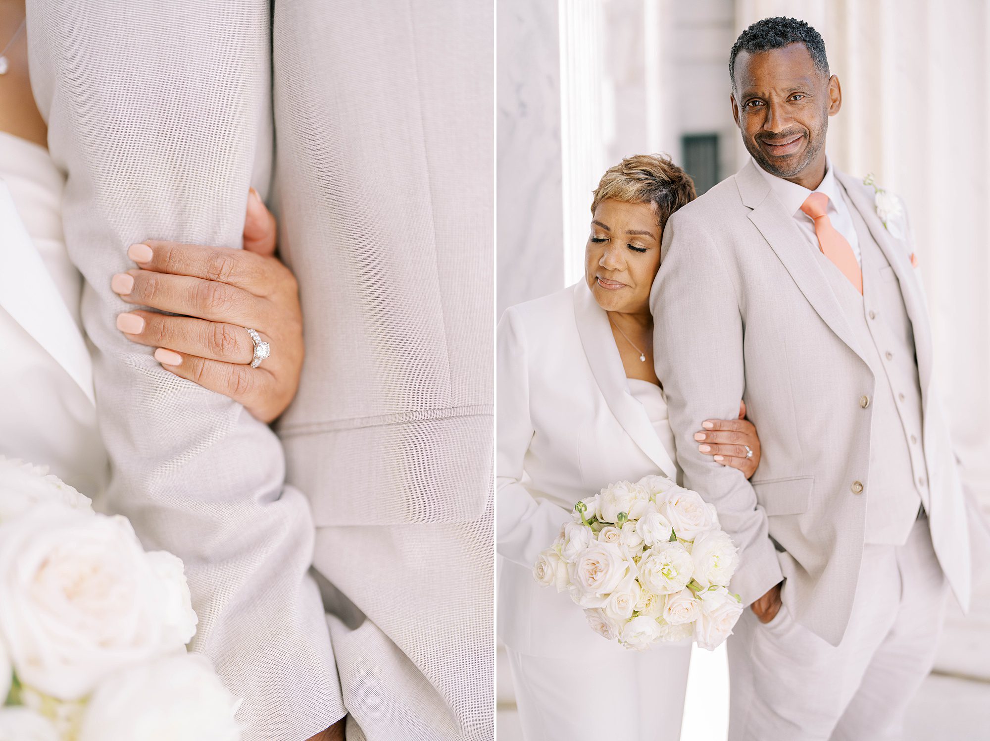 bride holds onto groom during Florida wedding portraits