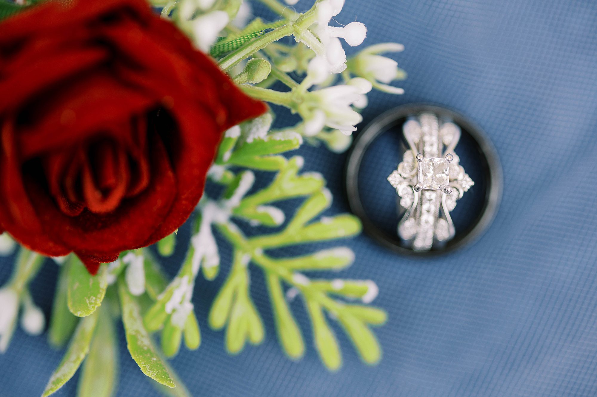 wedding rings rest on blue velvet by red rose