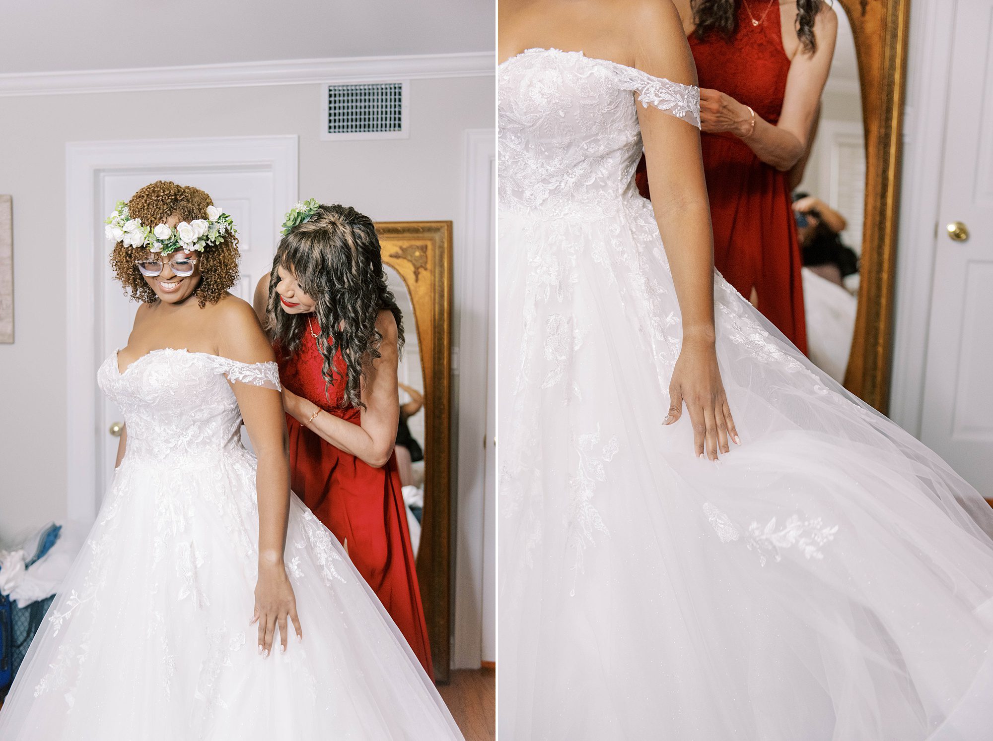 bridesmaid helps bride into wedding gown