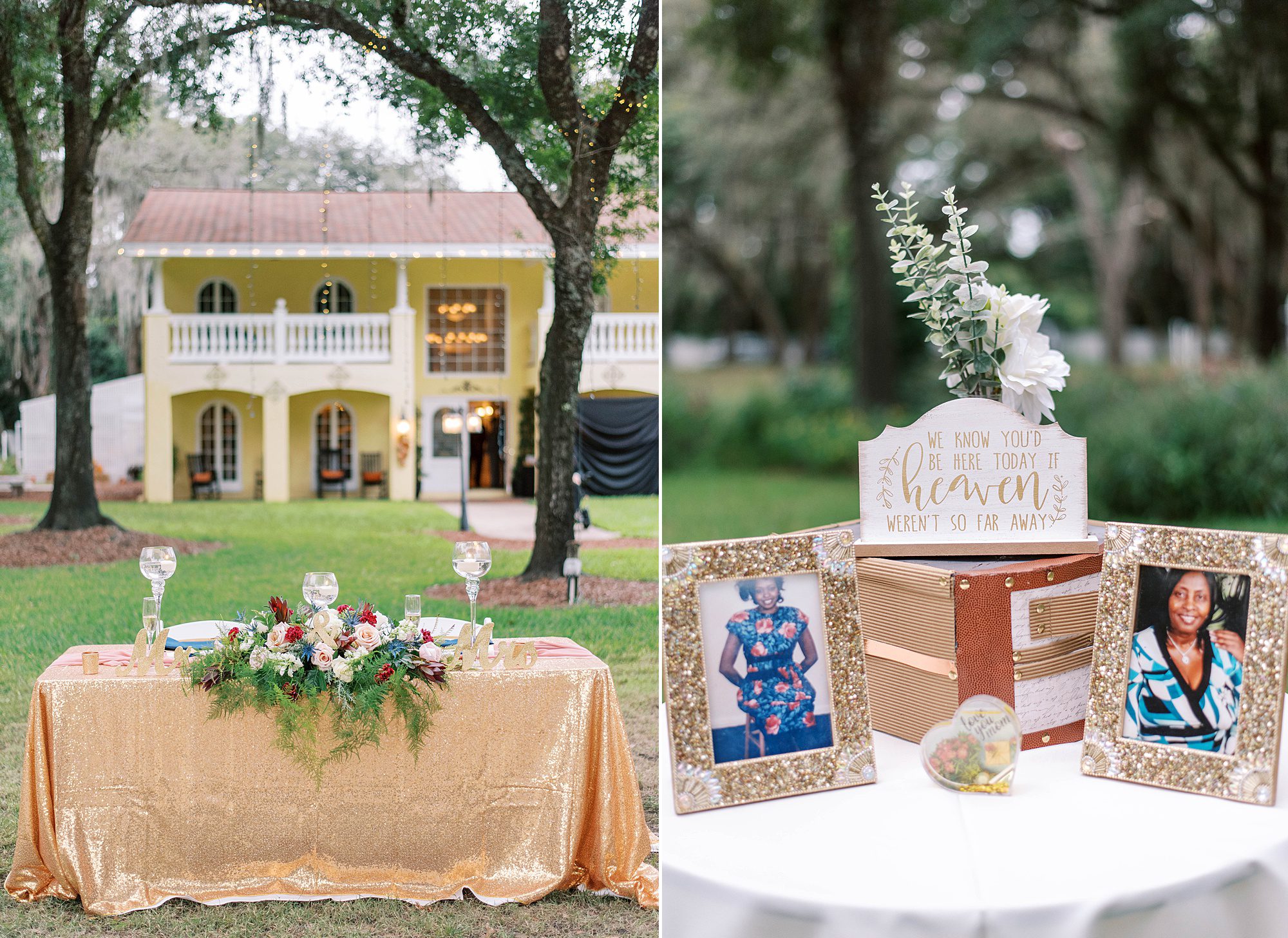 Casa Lantana wedding reception on lawn with gold accents