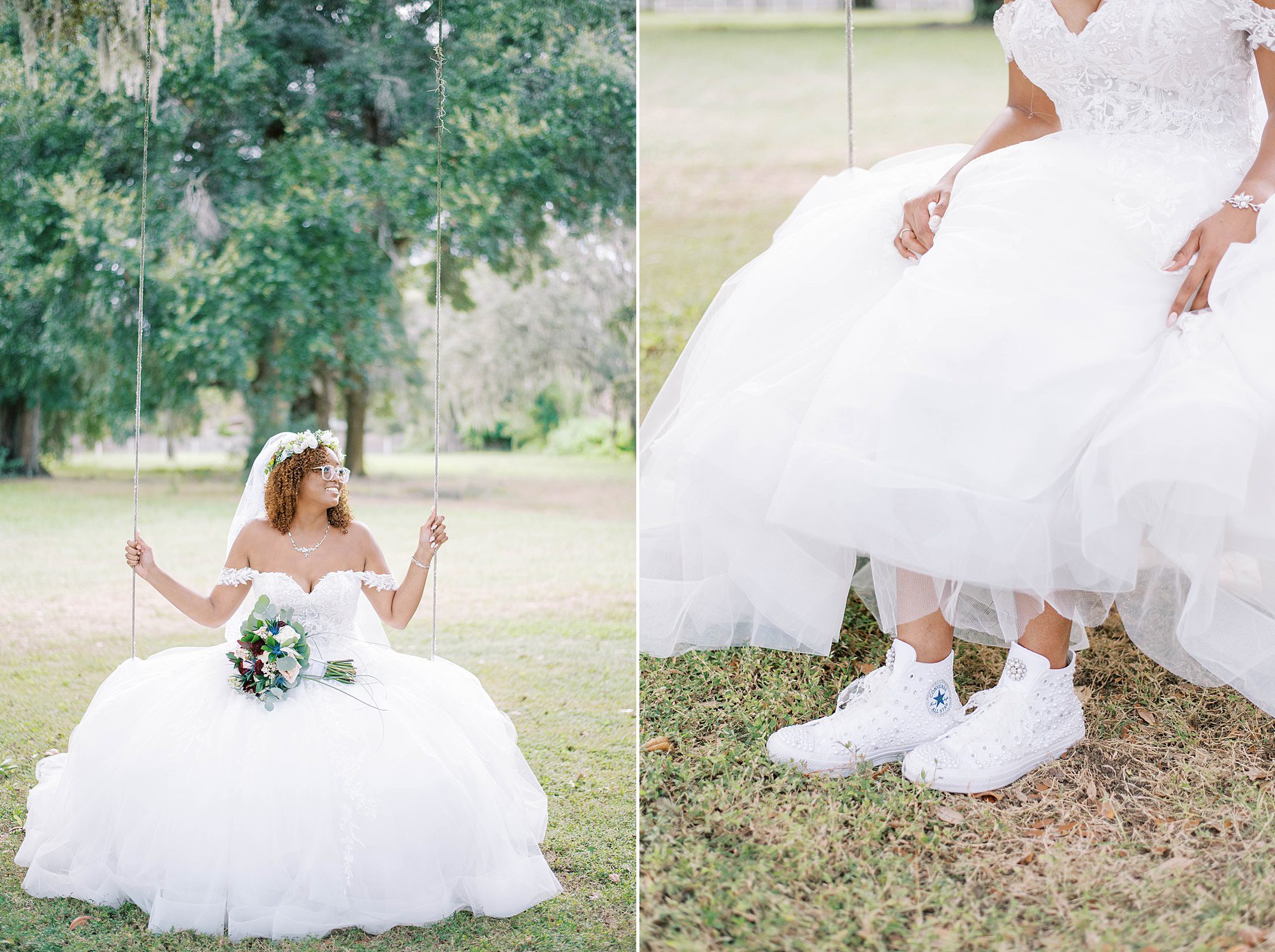 bride sits on swing at Casa Lantana showing off white shoes