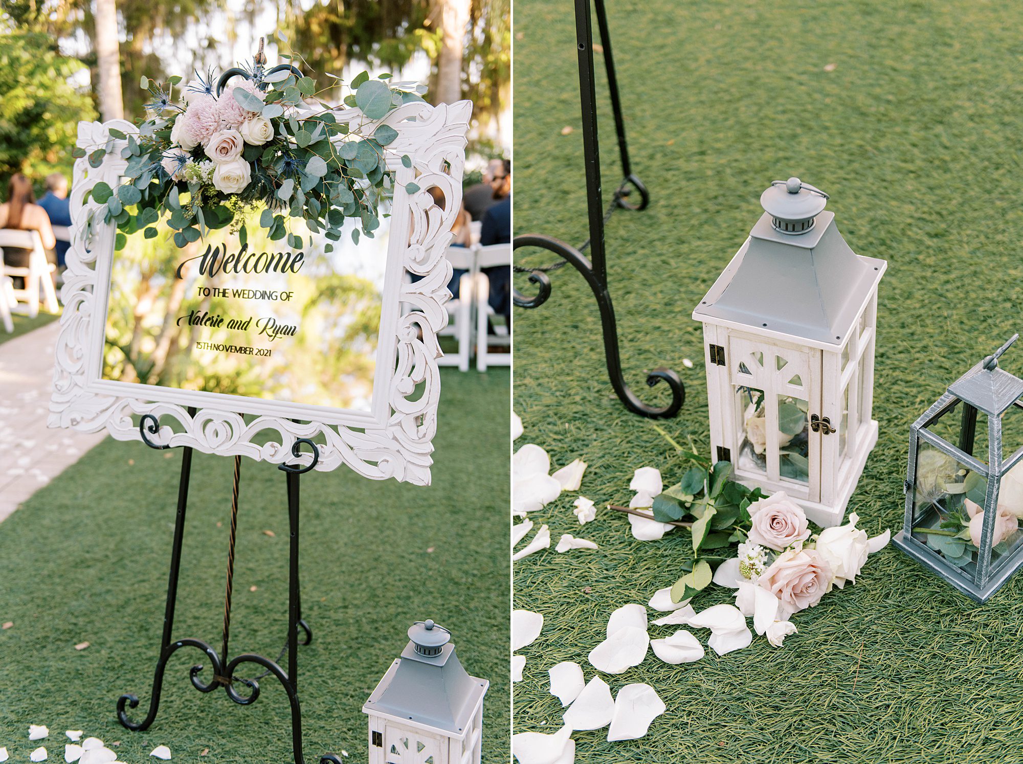 welcome sign and lantern details for beach wedding ceremony
