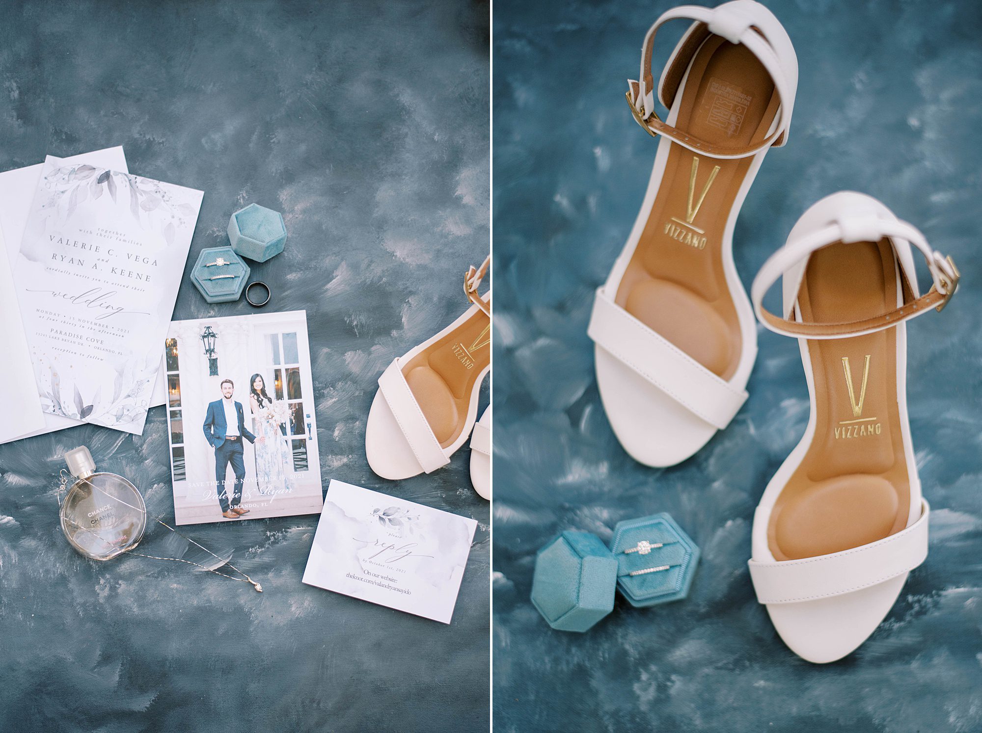bride's white shoes and invitation for FL wedding