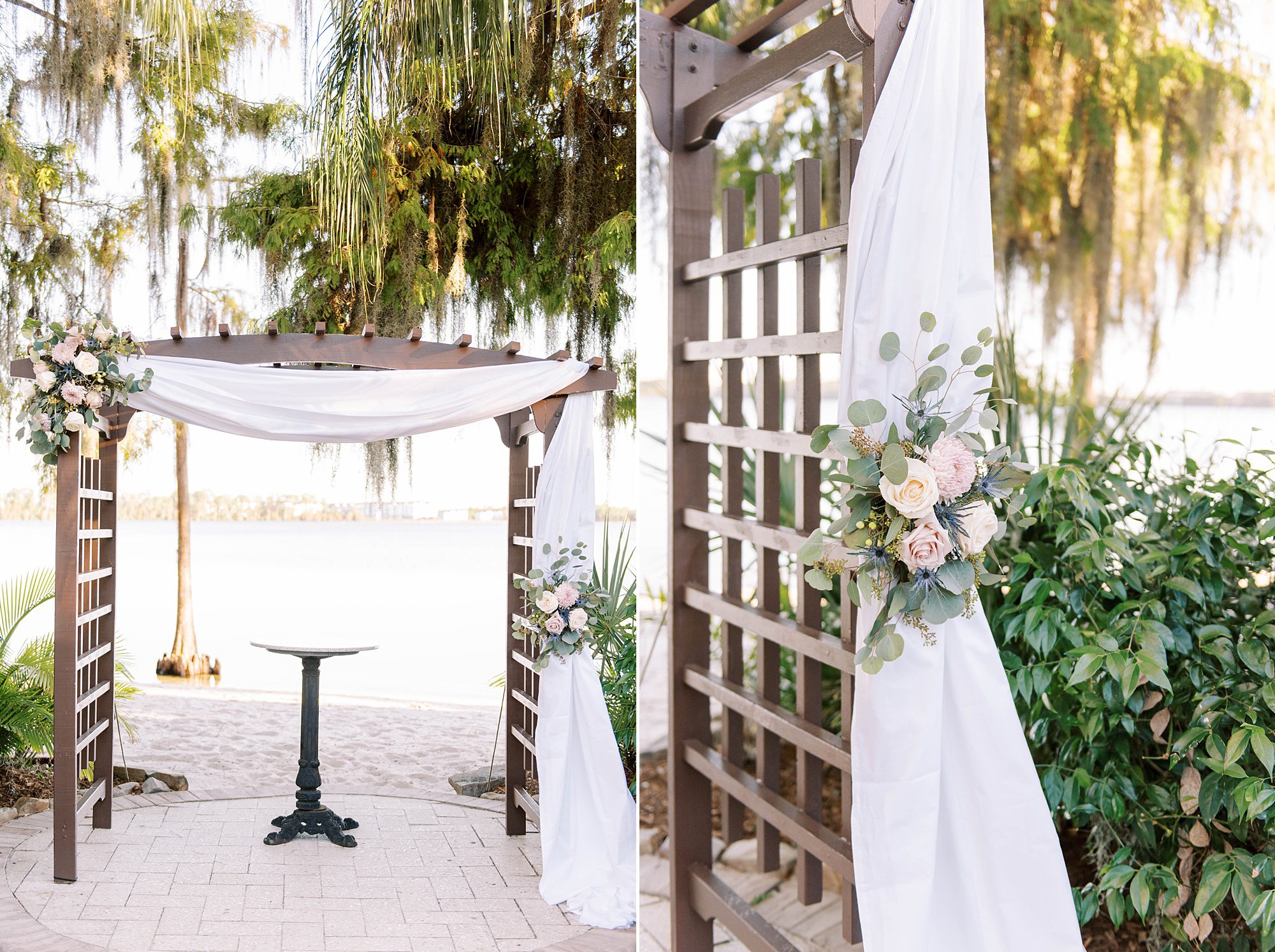 wooden arbor with white draping for waterfront wedding ceremony