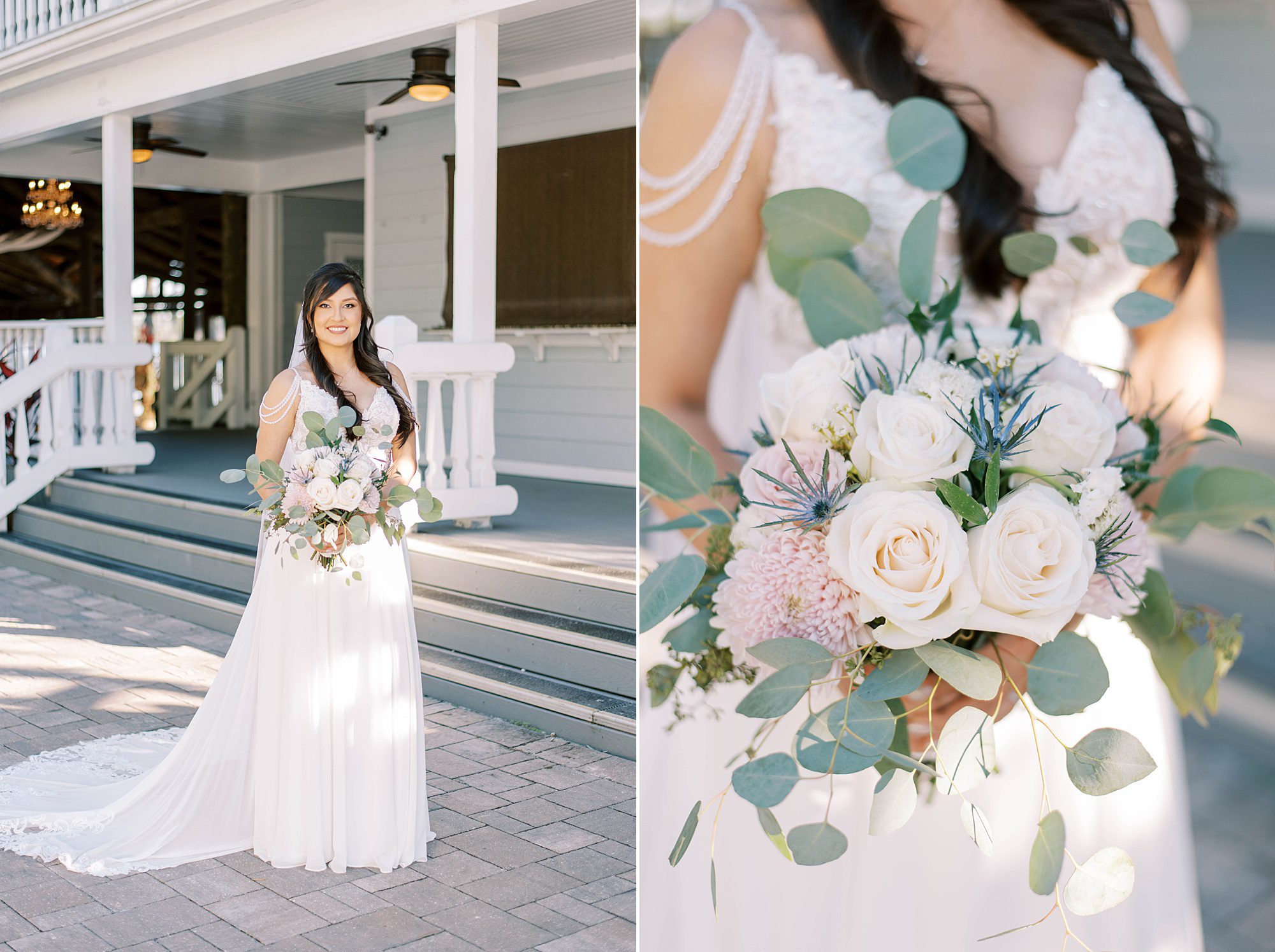 bride holds bouquet of white and pink roses outside Paradise Cove house