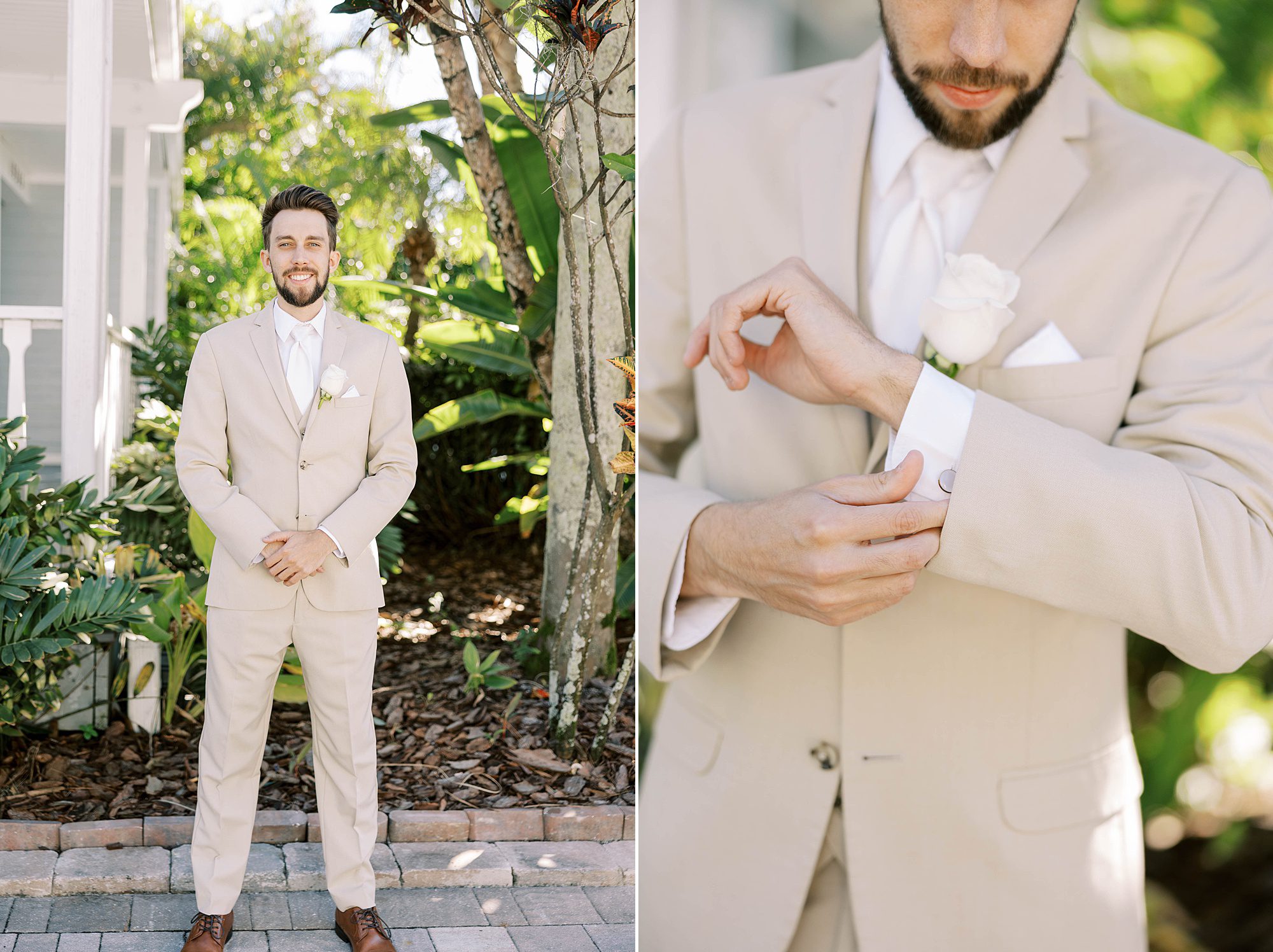groom adjusts cufflinks in tan suit before FL wedding