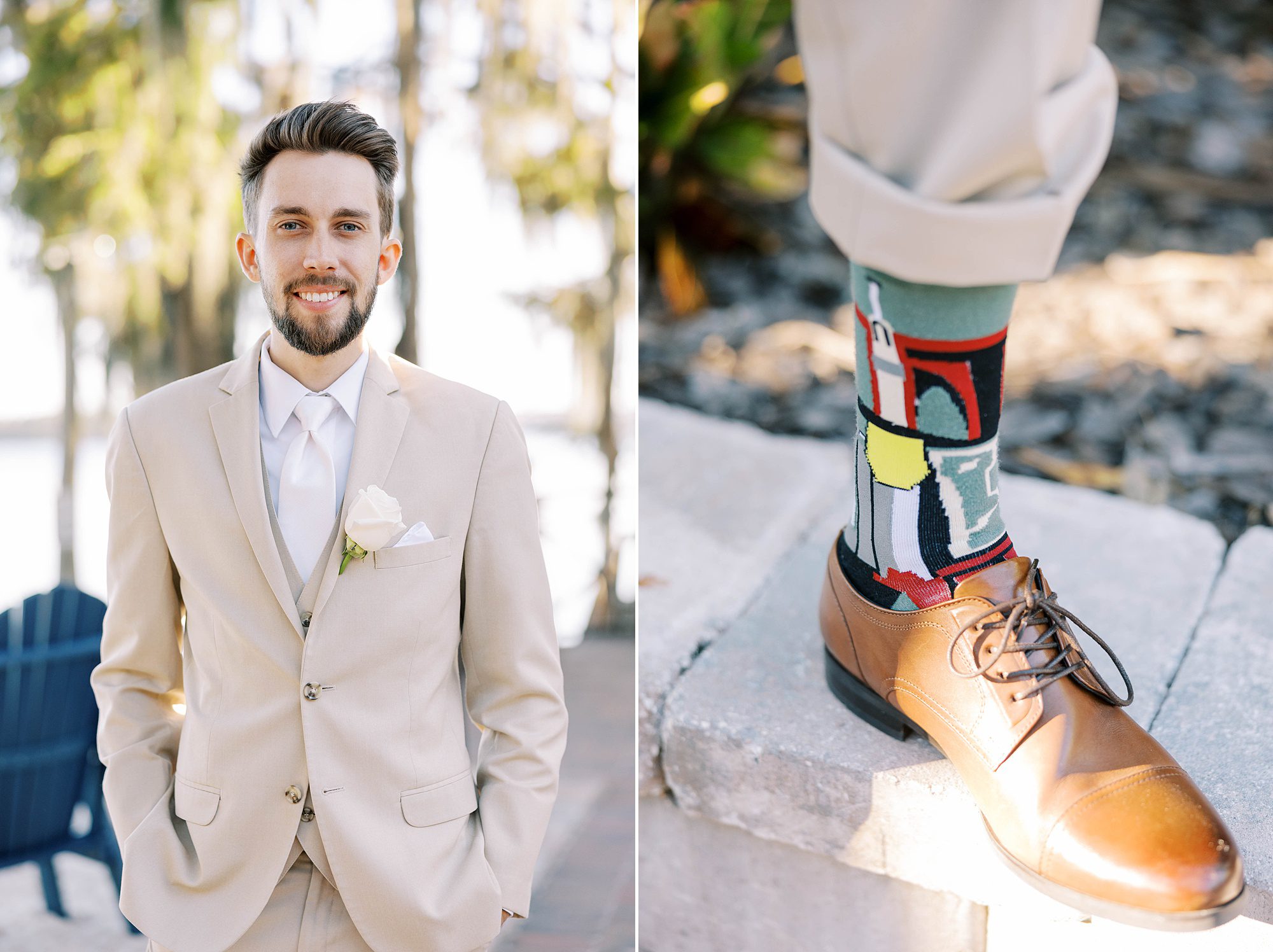 groom poses in tan suit with funny socks