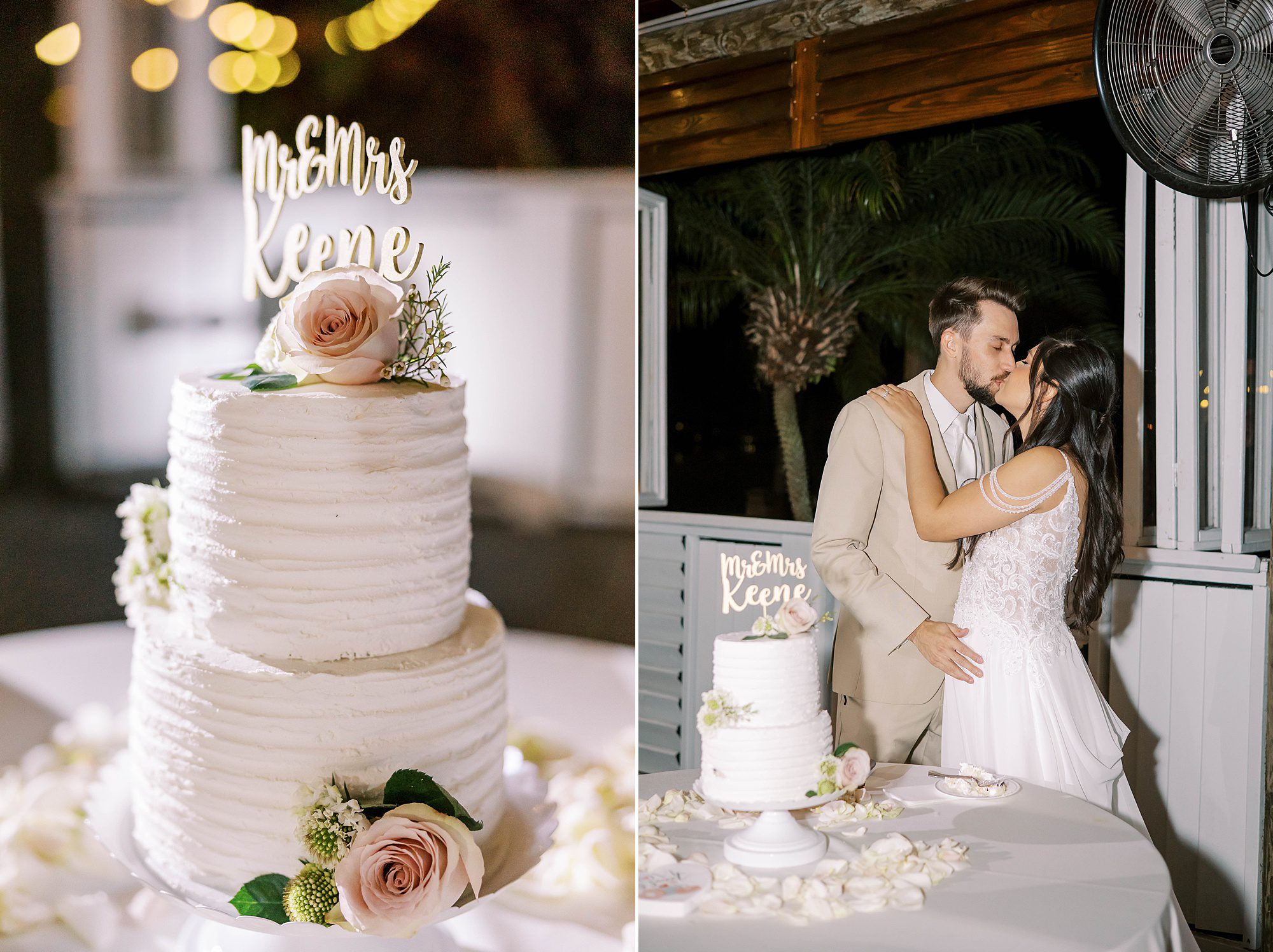 bride and groom kiss during cake cutting