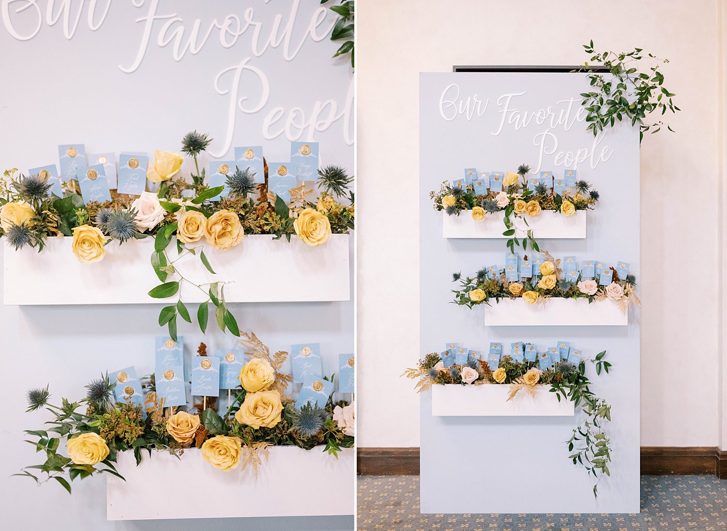 seating chart with florals and blue cards at FL wedding reception