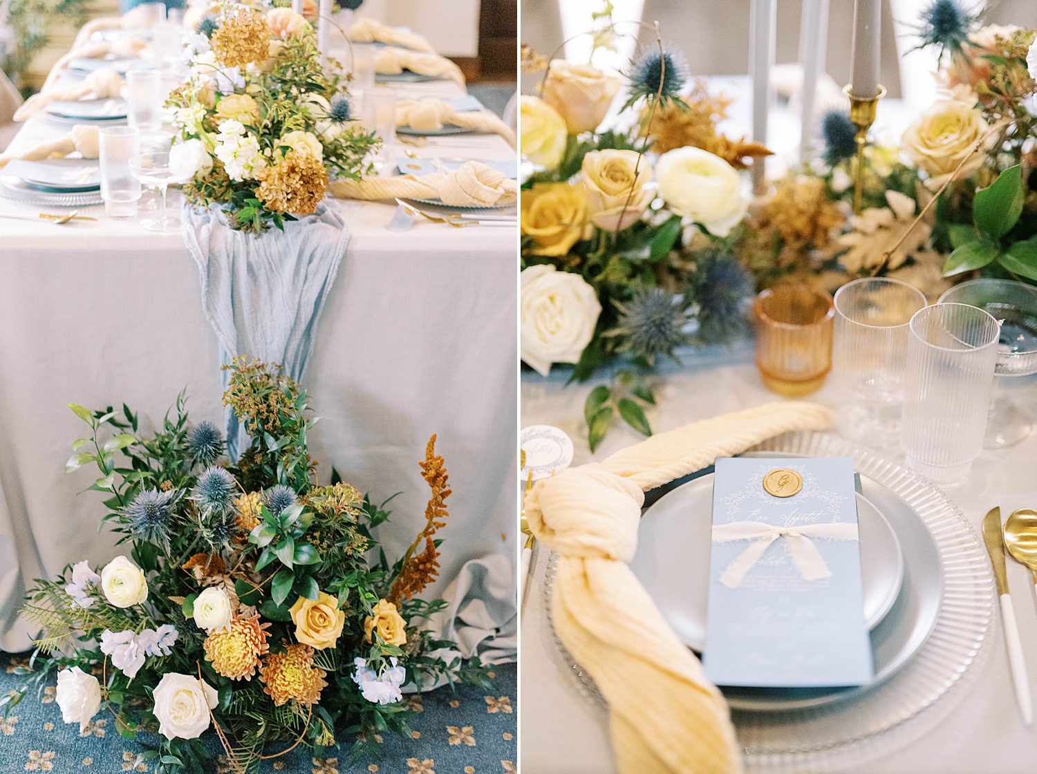 place settings with blue invitations and yellow florals