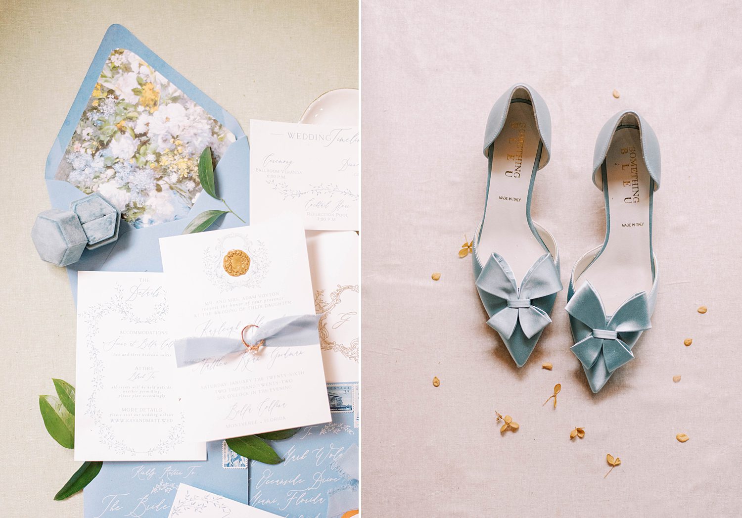 invitation suite and blue shoes for bride