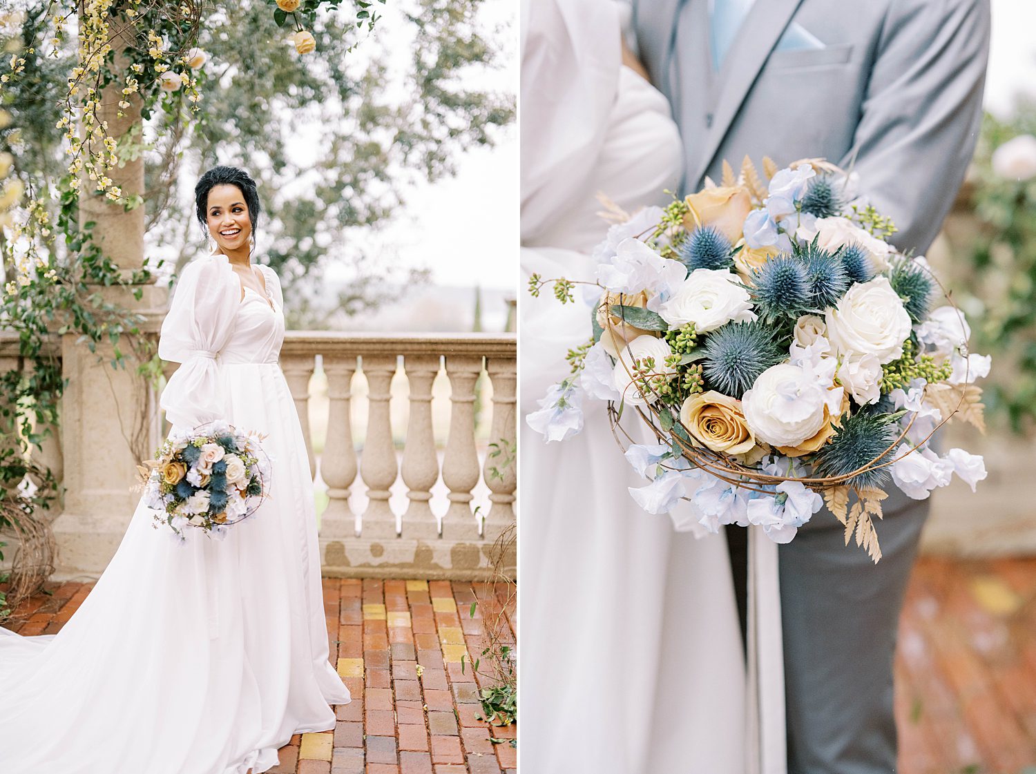 bride holds bouquet of blue and white flowers for wedding at Bella Collina