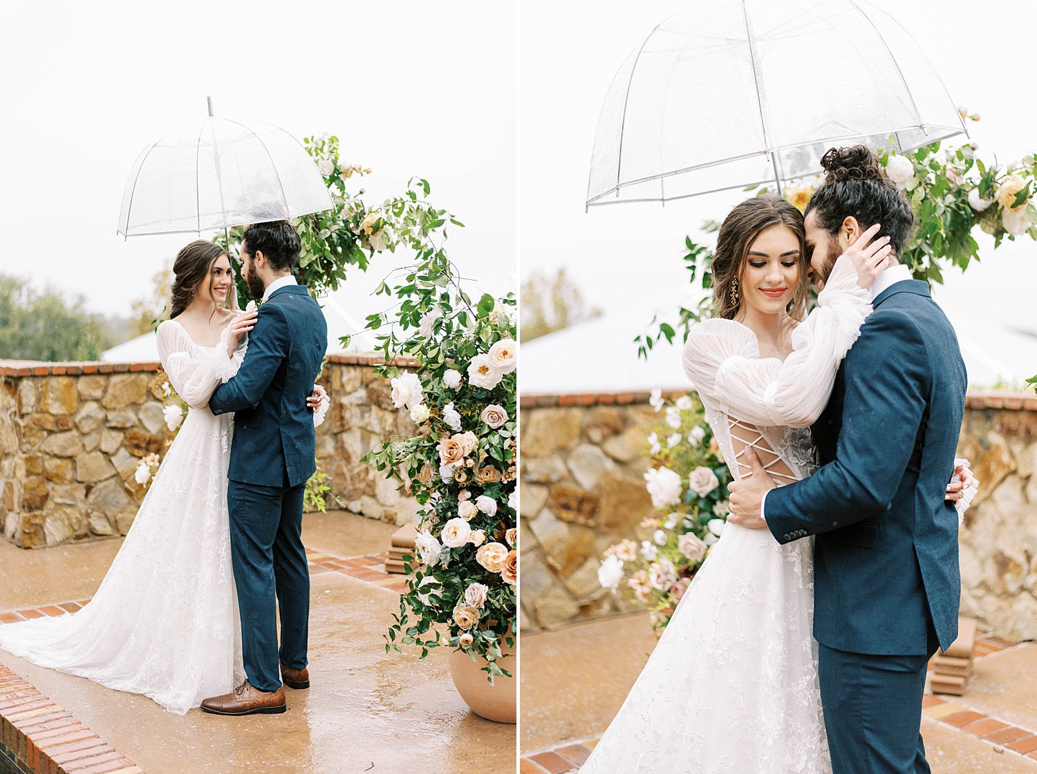bride and groom hug under umbrella on rainy wedding day