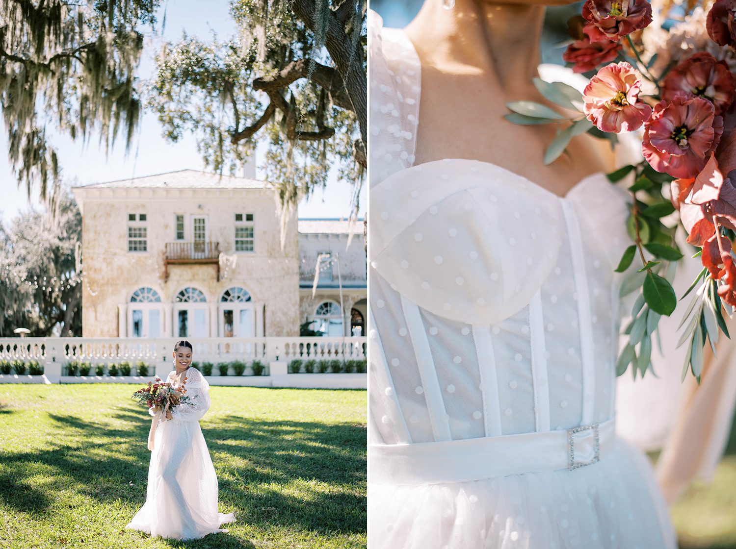 bride poses in wedding gown with corset top