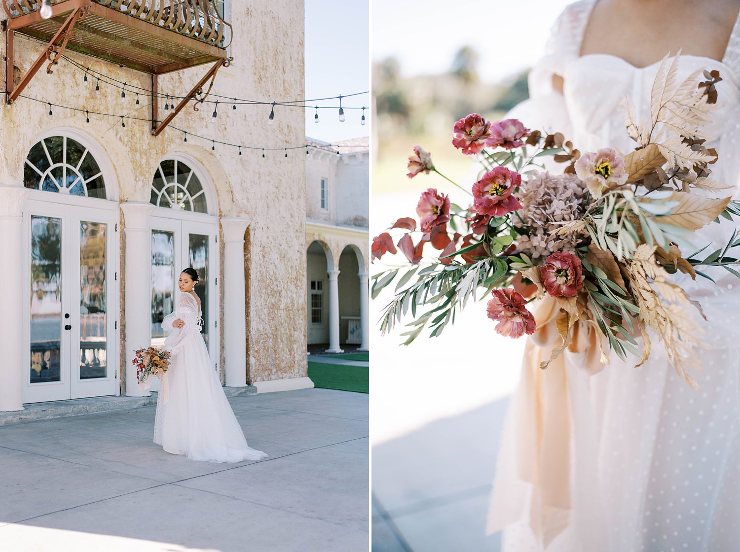 bride walks through courtyard in corseted wedding gown with pink bouquet