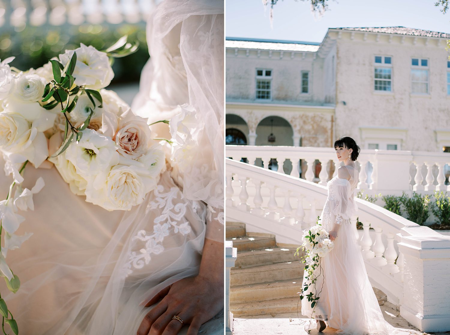 bride stands on steps of balcony at BellaCosa Lakeside