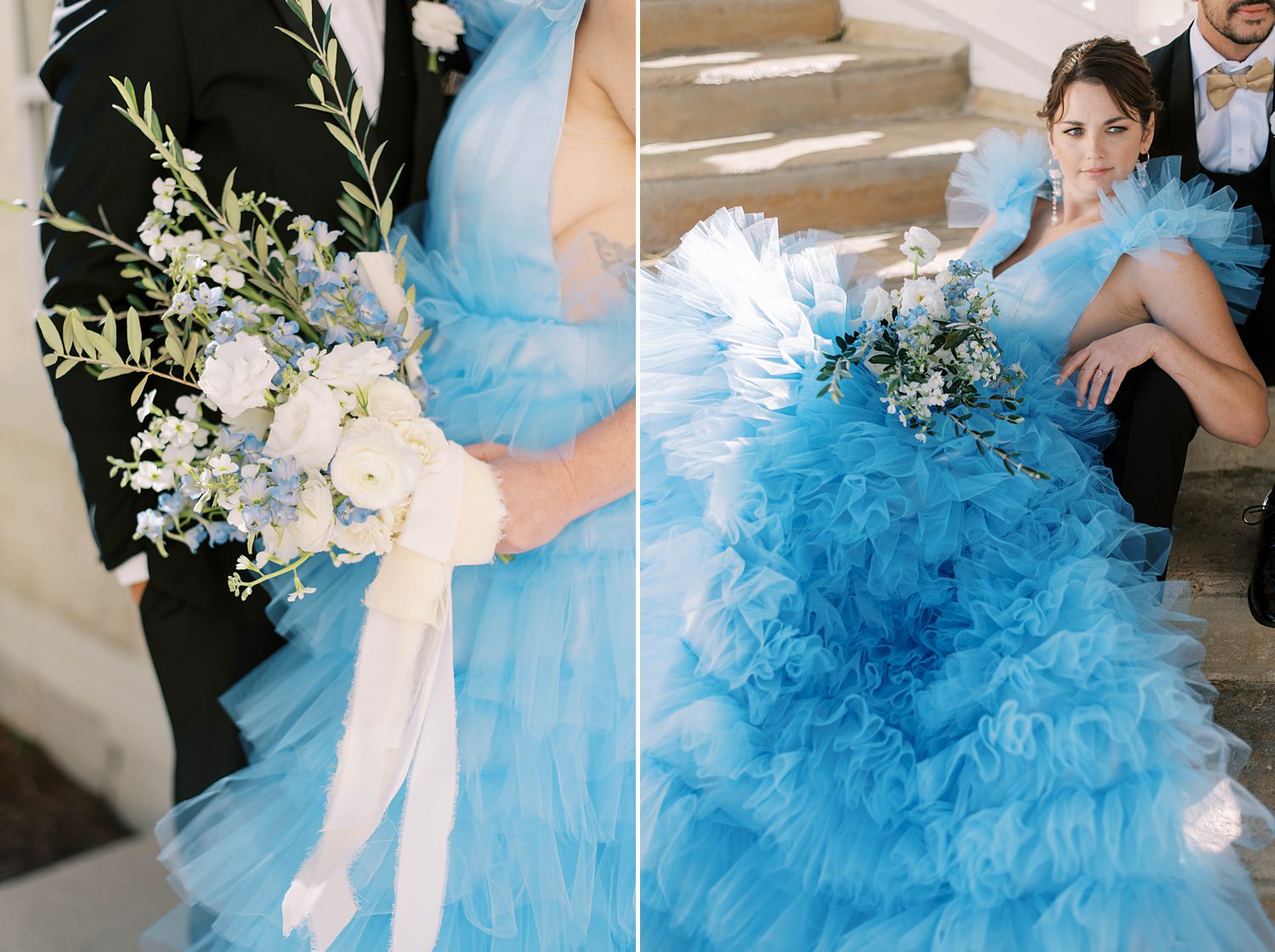 blue wedding dress with layers and white bouquet for bride