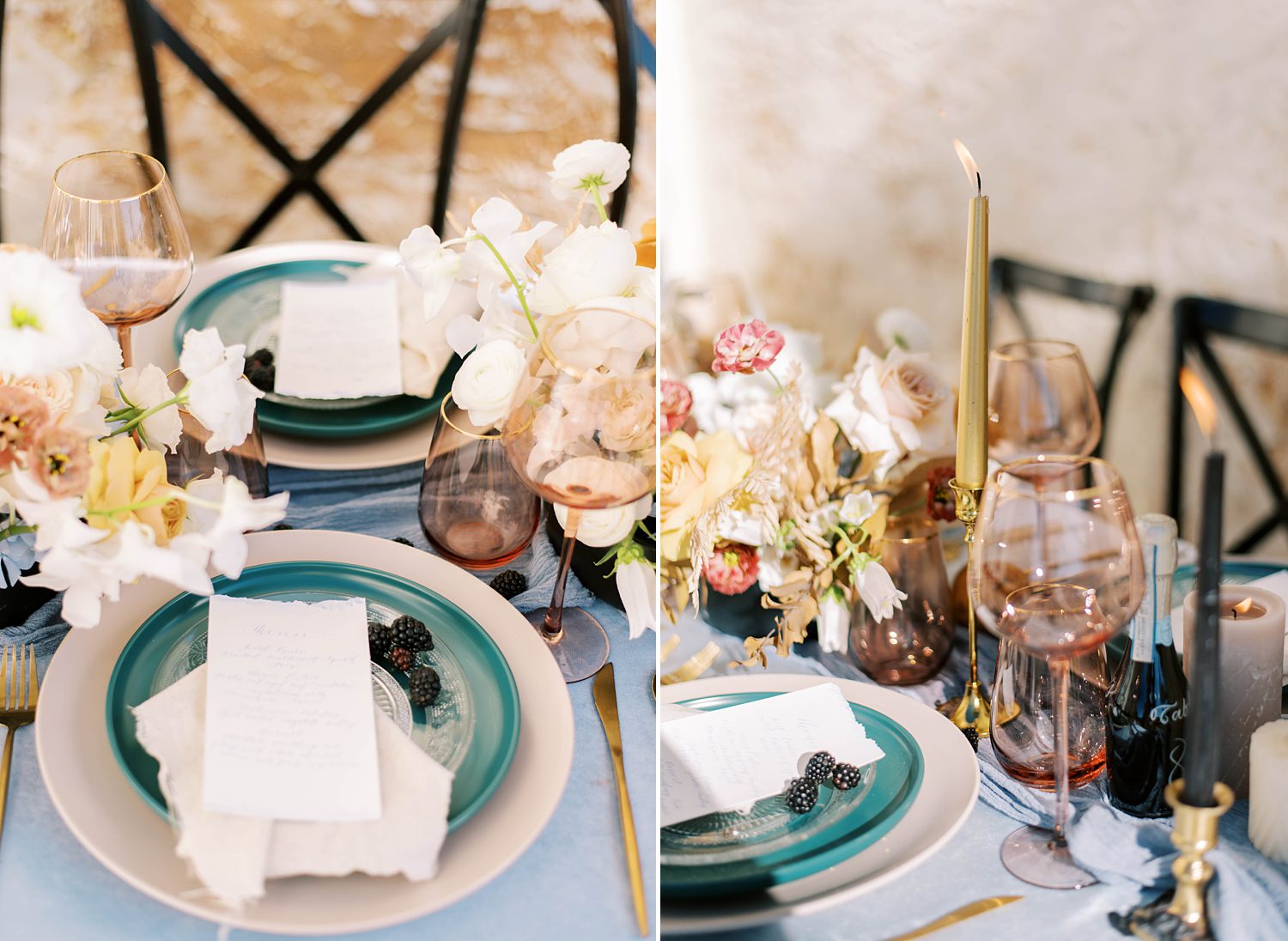 wedding reception outside on teal plate