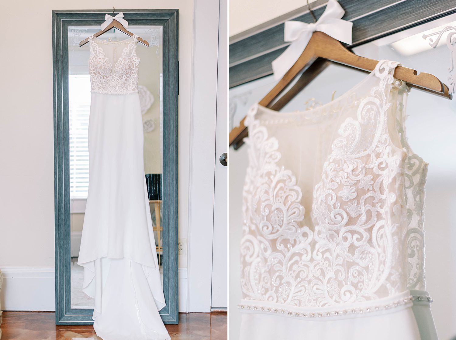 wedding dress with lace details hangs in Florida