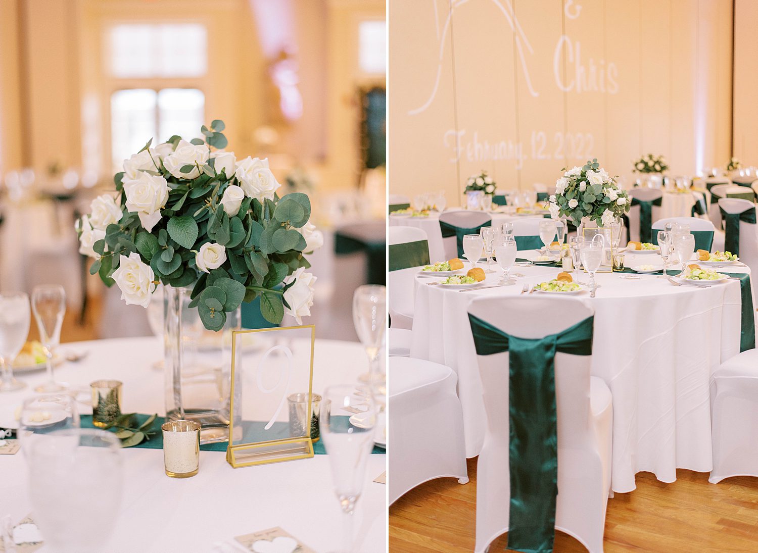 emerald and ivory details for wedding reception at The Regent