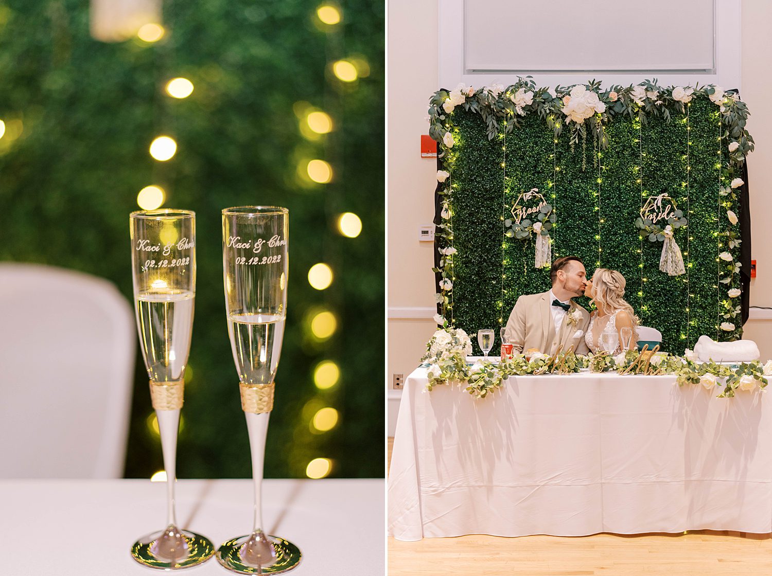 champagne glasses with bride and groom at sweetheart table