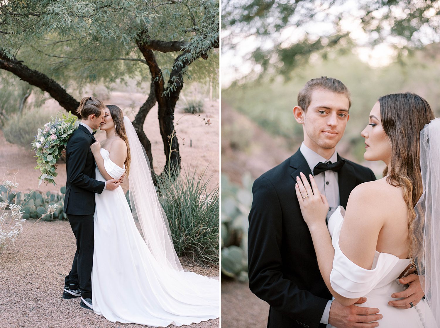 married couple hugs in classic wedding attire during portraits at Buttes Marriott Hotel