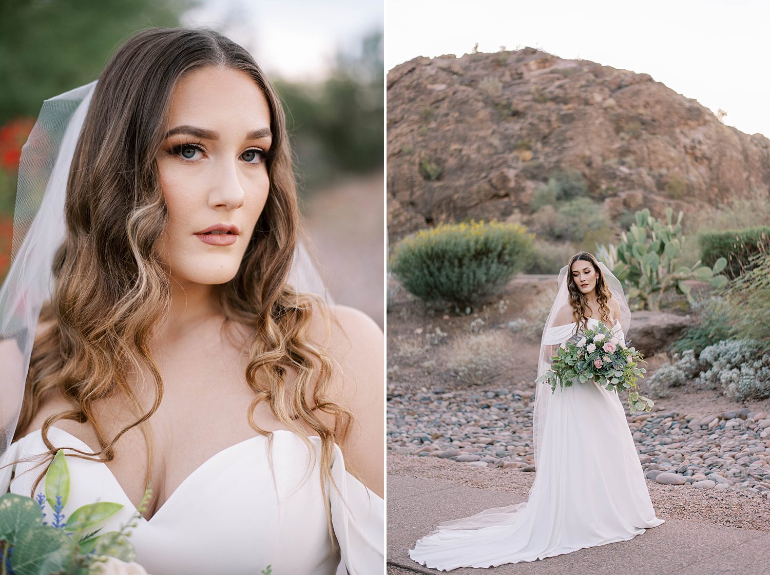 bride poses along rock formations during Buttes Marriott Hotel Wedding portraits