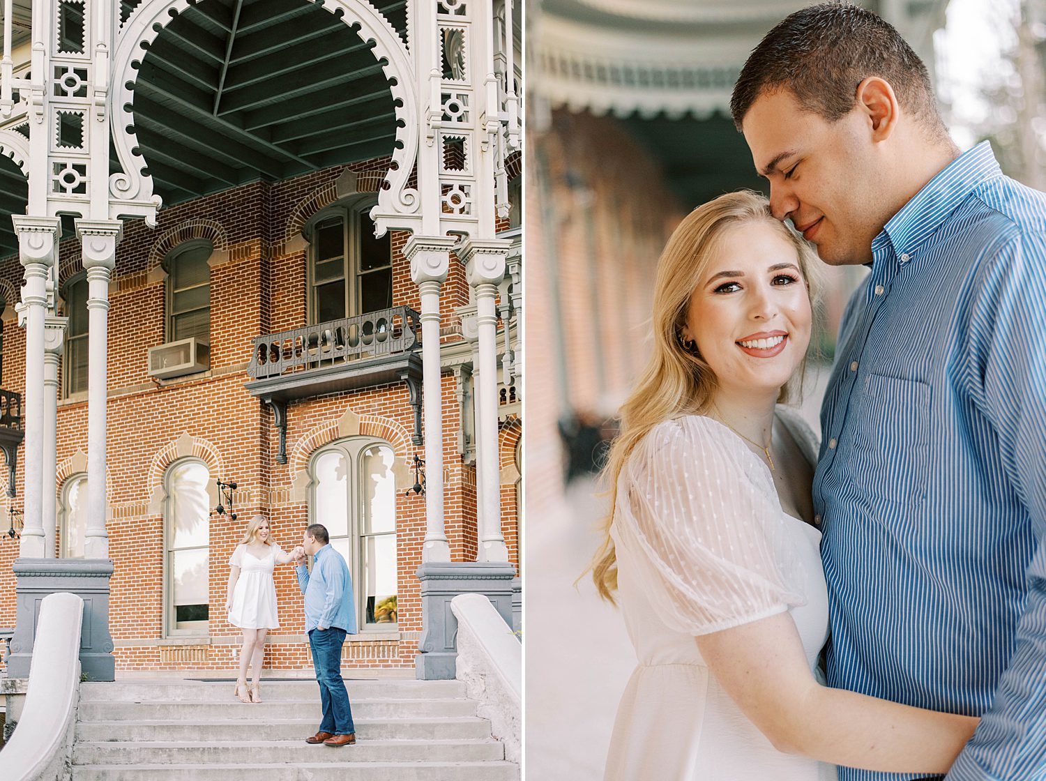 couple hugs at The University of Tampa during engagement photos