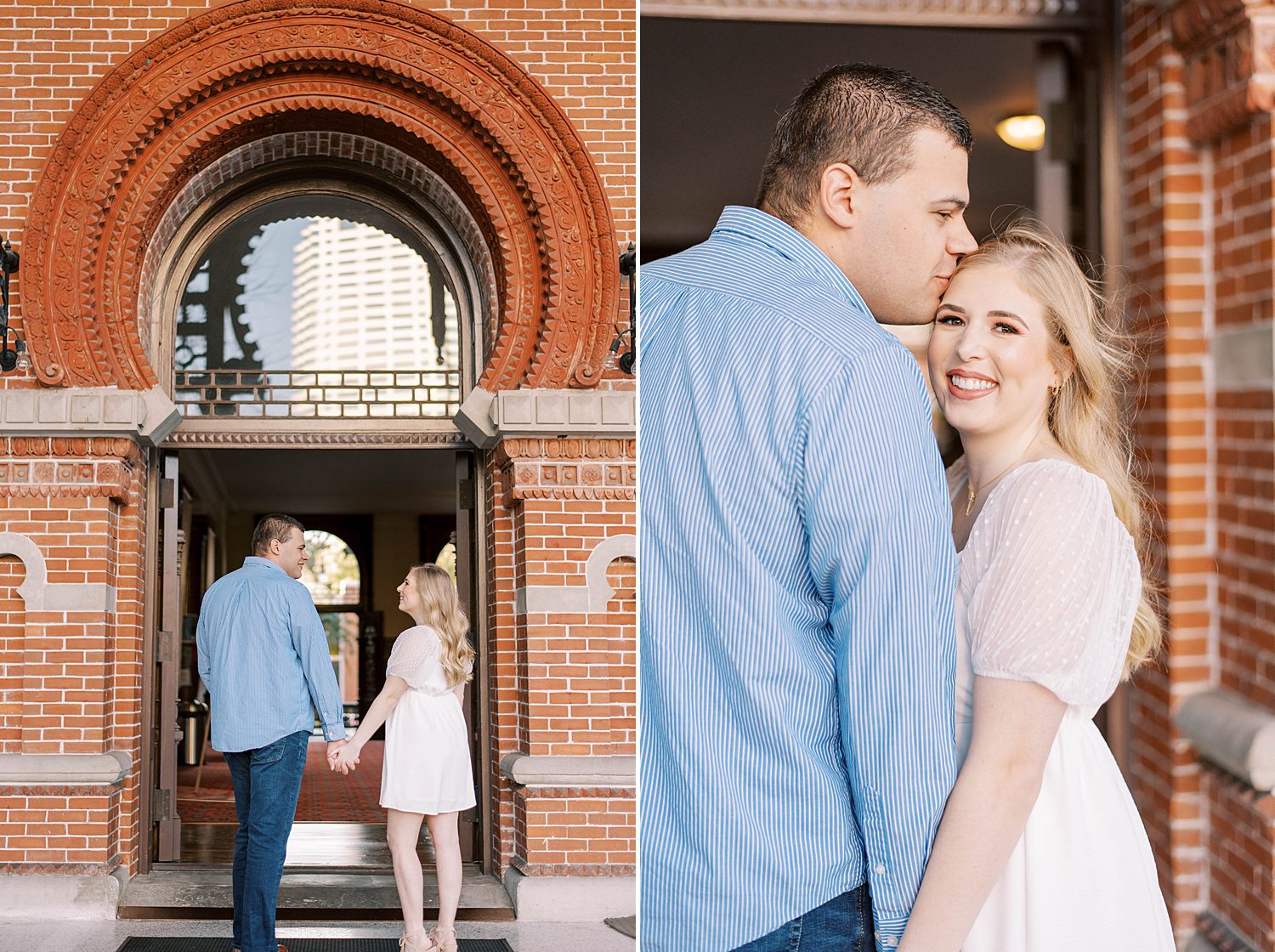 engaged couple holds hands walking under brick walkway at University of Tampa