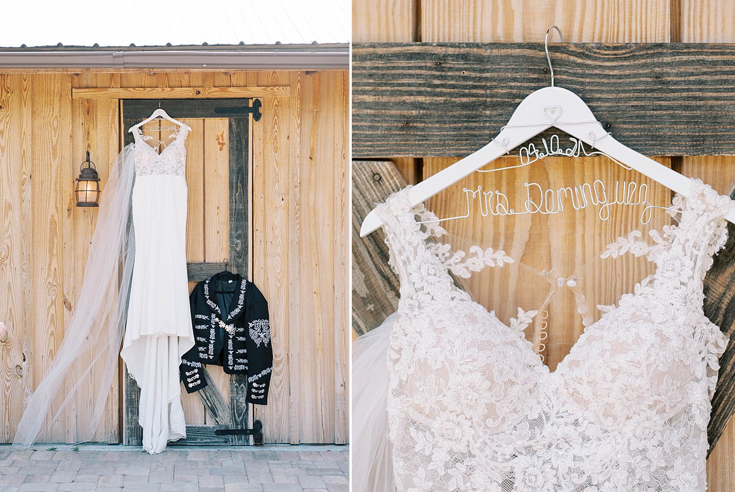 bride's dress hangs outside the Barn at Lone Oak Acres